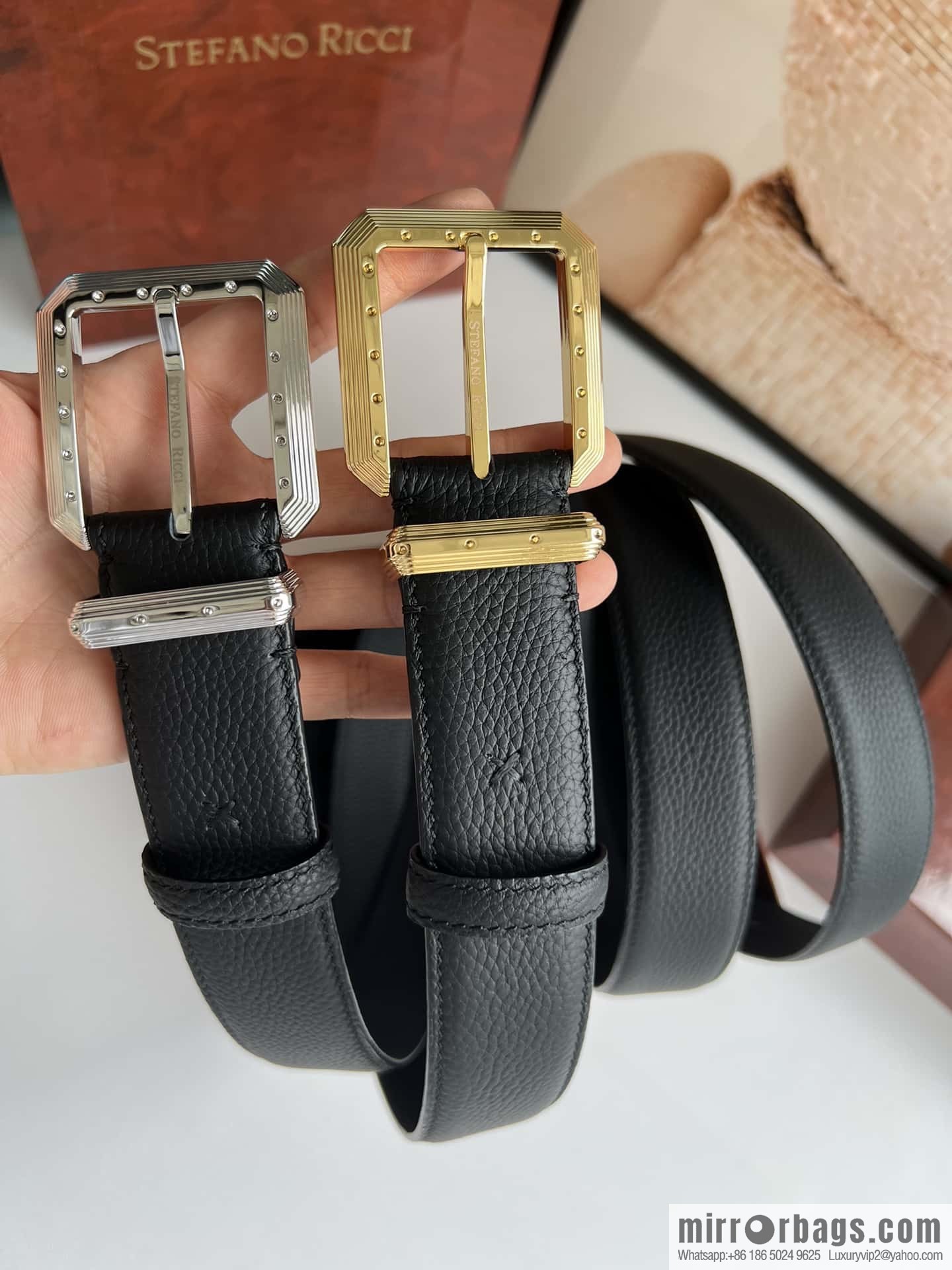 Stefano Ricci Stephen, Stainless Steel Pin Buckle Double Sided First Layer Lychee Textured Cowhide Belt 3.6cm