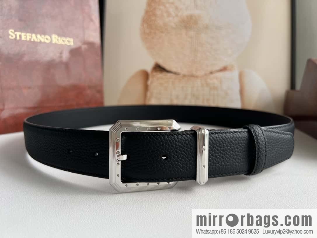 Stefano Ricci Stephen, Stainless Steel Pin Buckle Double Sided First Layer Lychee Textured Cowhide Belt 3.6cm