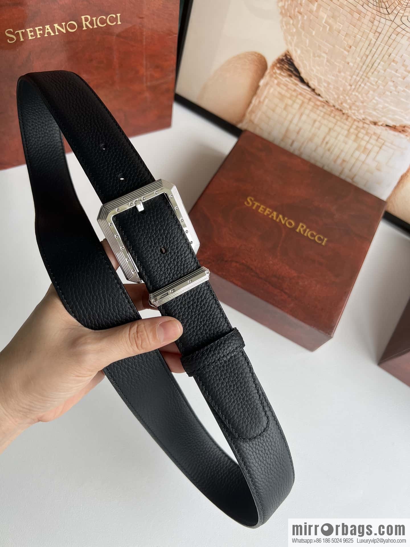 Stefano Ricci Stephen, Stainless Steel Pin Buckle Double Sided First Layer Lychee Textured Cowhide Belt 3.6cm