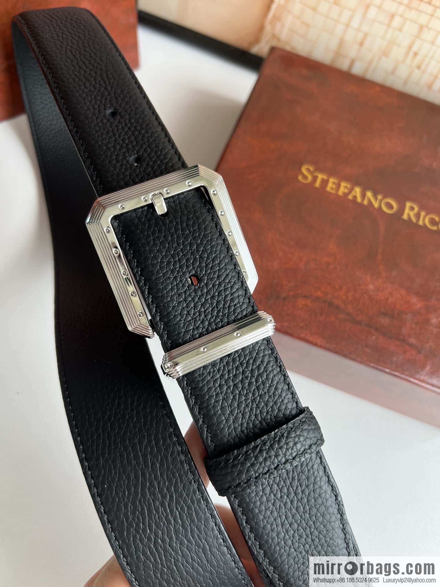Stefano Ricci Stephen, Stainless Steel Pin Buckle Double Sided First Layer Lychee Textured Cowhide Belt 3.6cm