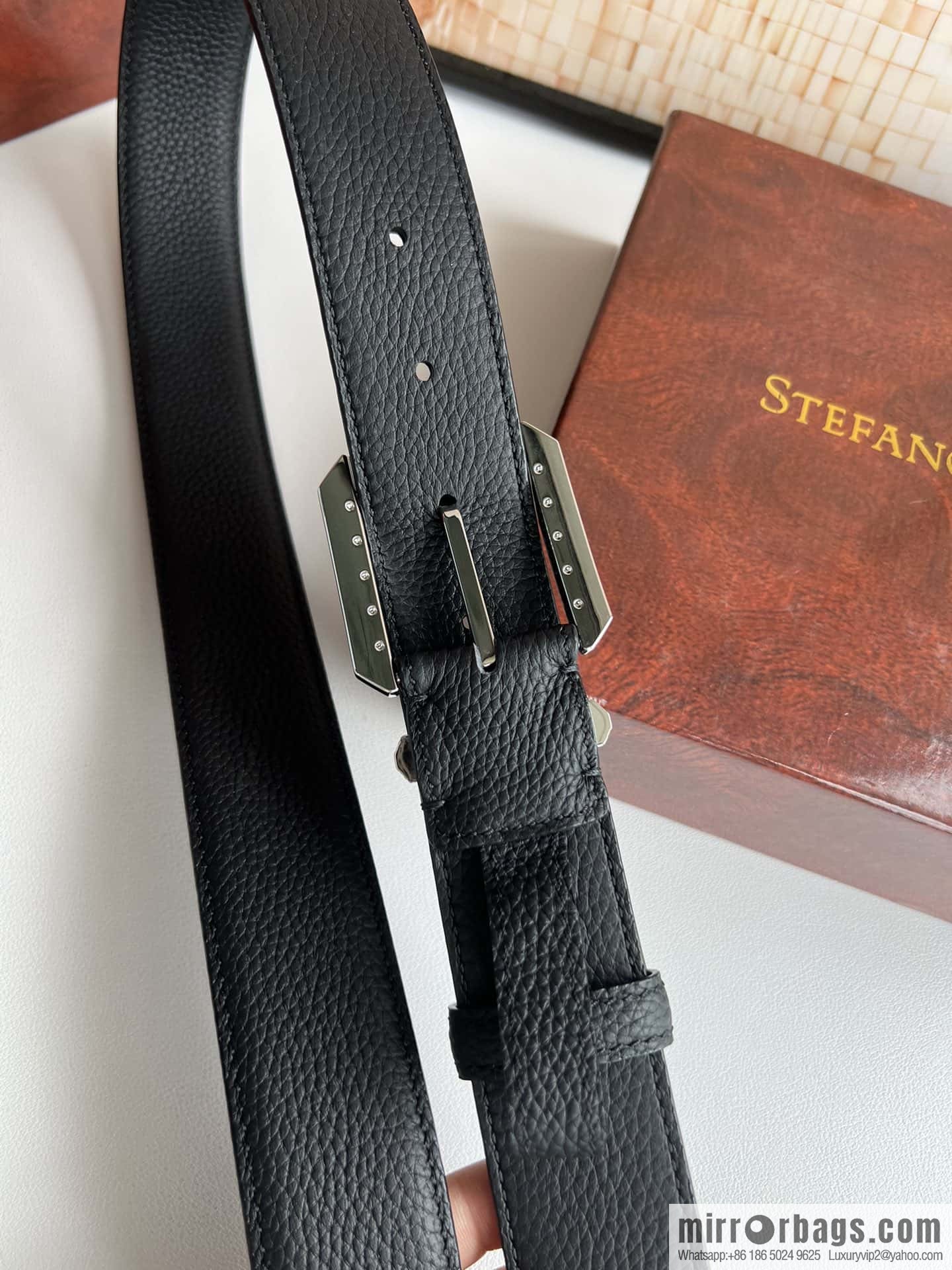 Stefano Ricci Stephen, Stainless Steel Pin Buckle Double Sided First Layer Lychee Textured Cowhide Belt 3.6cm