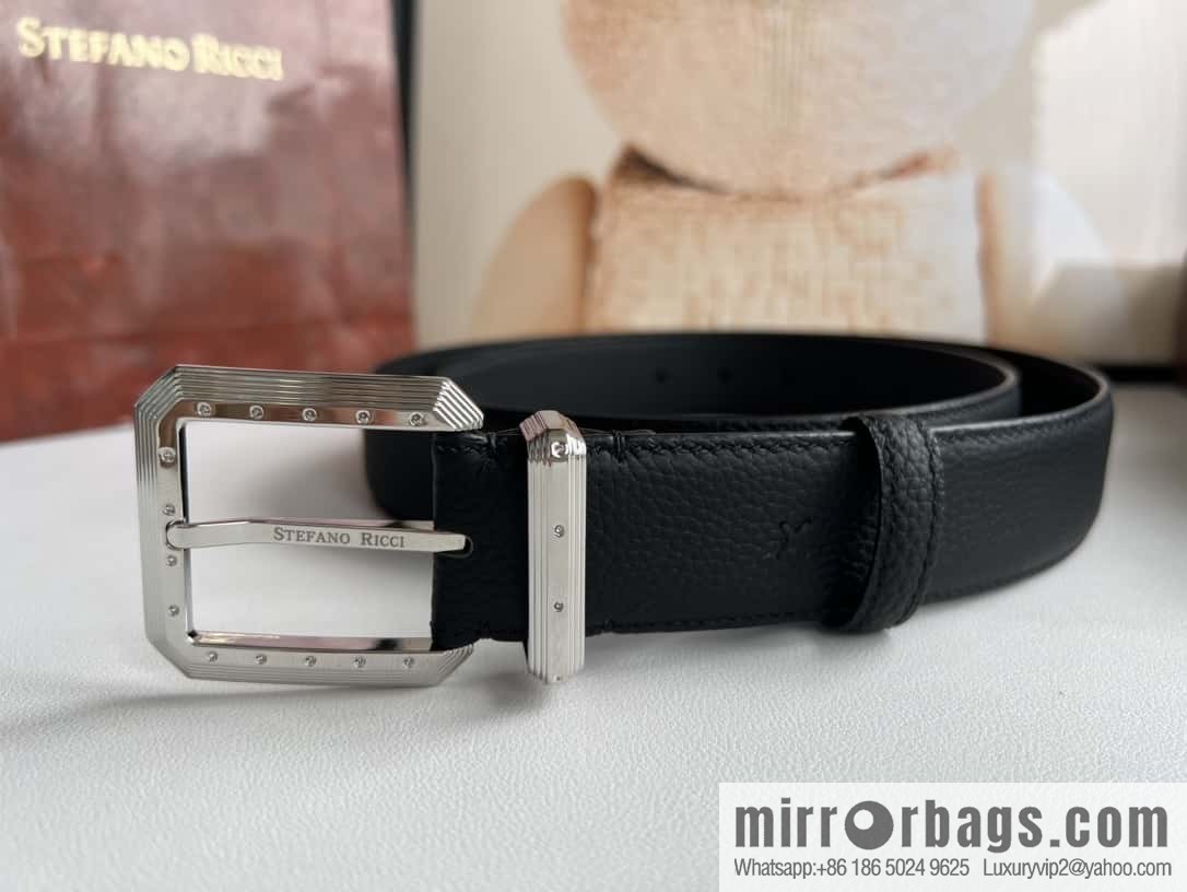 Stefano Ricci Stephen, Stainless Steel Pin Buckle Double Sided First Layer Lychee Textured Cowhide Belt 3.6cm