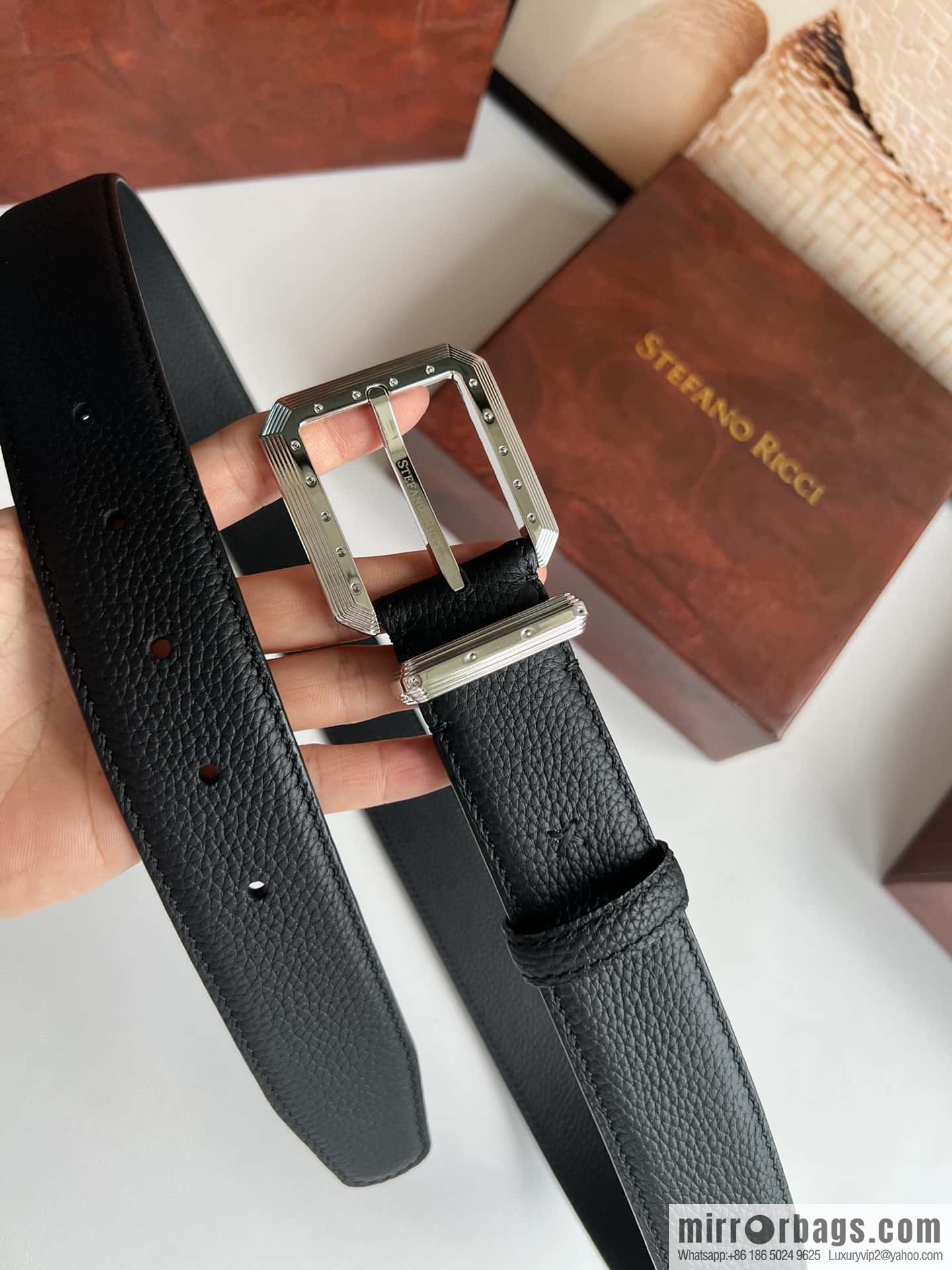 Stefano Ricci Stephen, Stainless Steel Pin Buckle Double Sided First Layer Lychee Textured Cowhide Belt 3.6cm