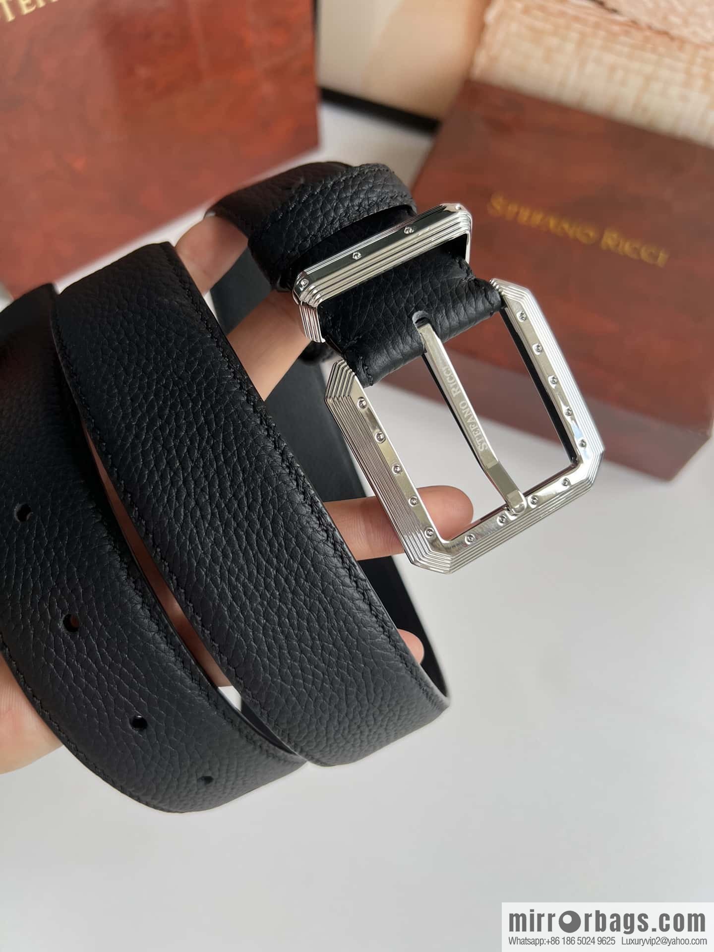 Stefano Ricci Stephen, Stainless Steel Pin Buckle Double Sided First Layer Lychee Textured Cowhide Belt 3.6cm