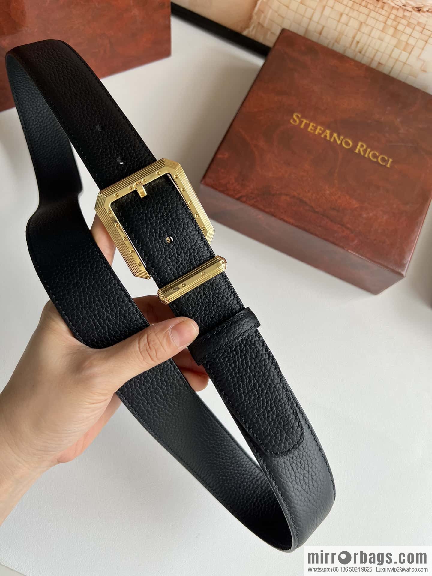Stefano Ricci Stephen, Stainless Steel Pin Buckle Double Sided First Layer Lychee Textured Cowhide Belt 3.6cm