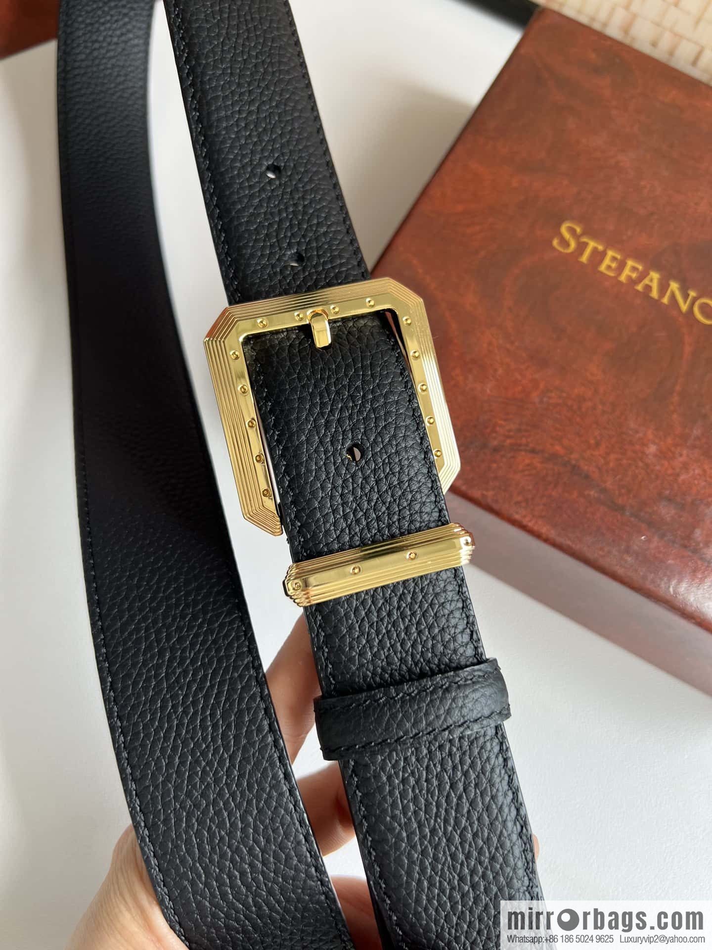 Stefano Ricci Stephen, Stainless Steel Pin Buckle Double Sided First Layer Lychee Textured Cowhide Belt 3.6cm