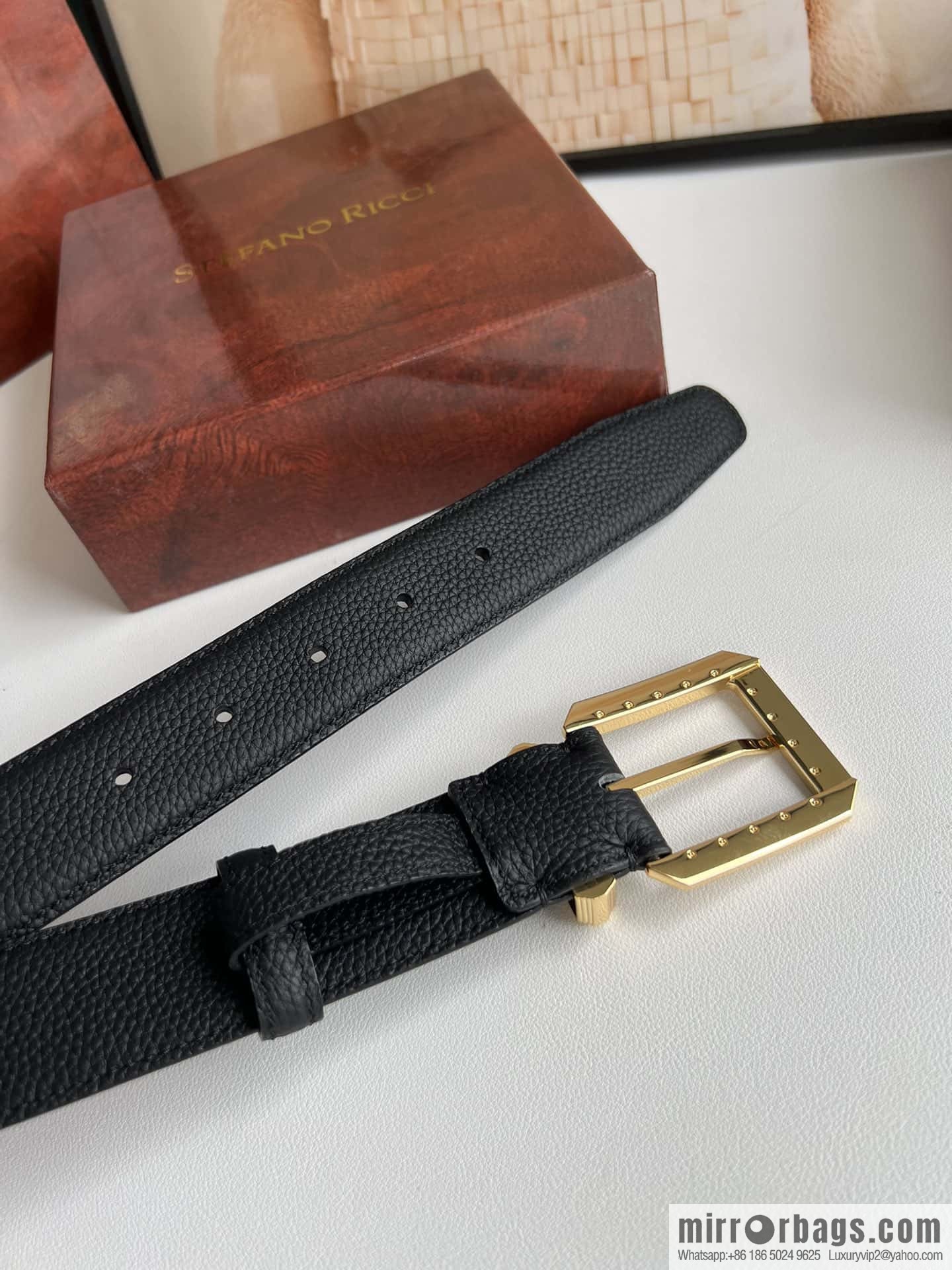 Stefano Ricci Stephen, Stainless Steel Pin Buckle Double Sided First Layer Lychee Textured Cowhide Belt 3.6cm