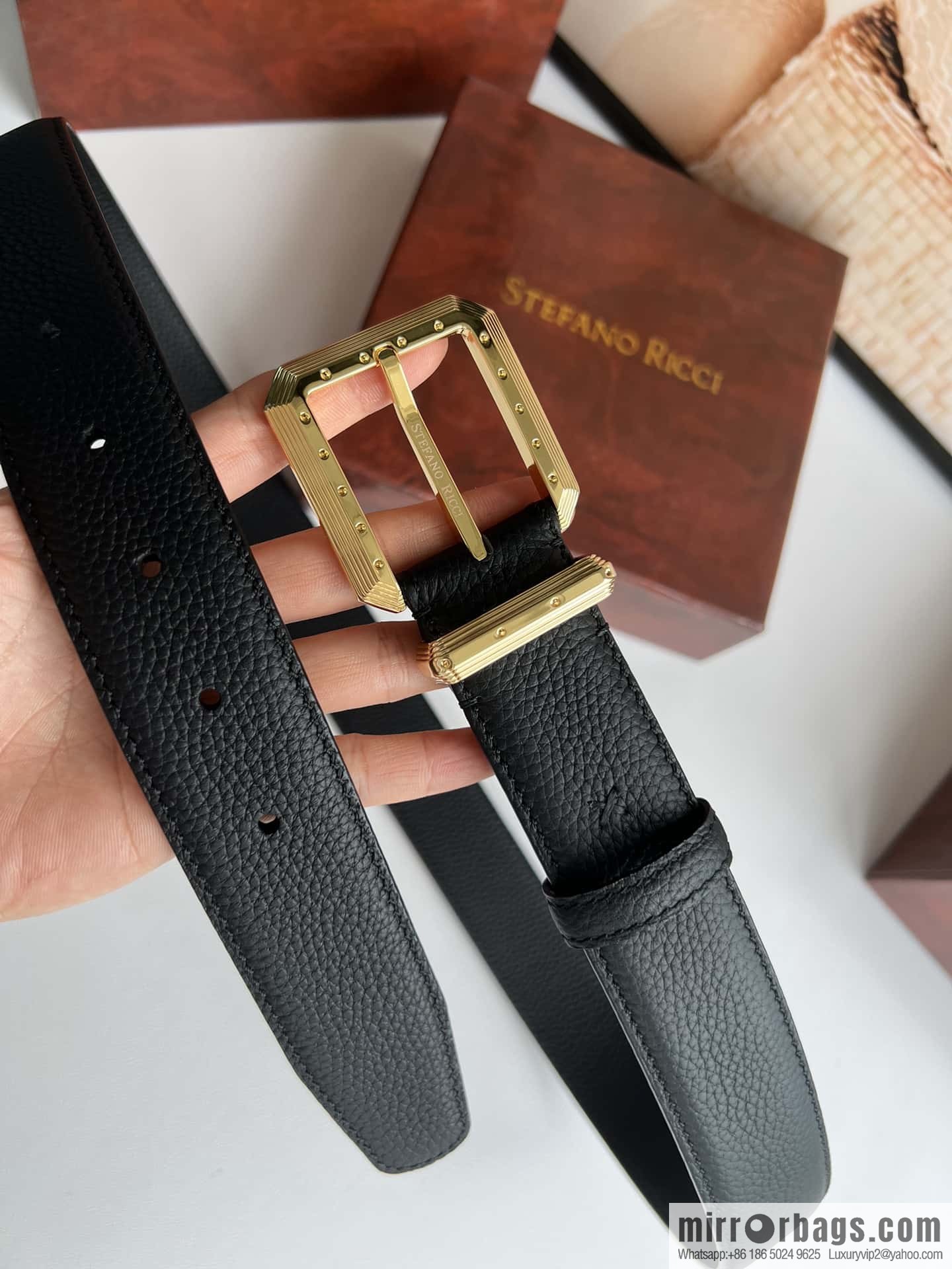 Stefano Ricci Stephen, Stainless Steel Pin Buckle Double Sided First Layer Lychee Textured Cowhide Belt 3.6cm