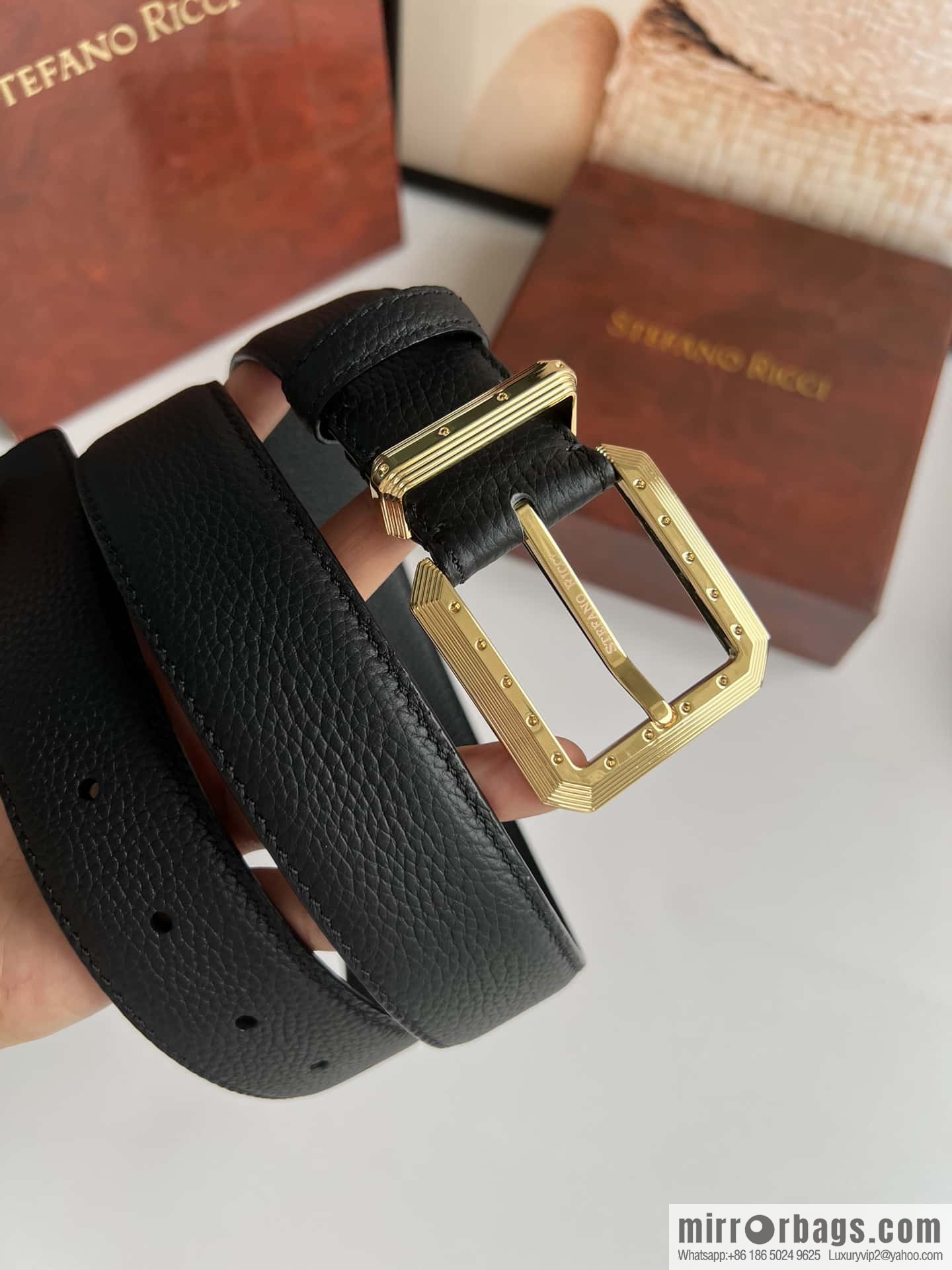 Stefano Ricci Stephen, Stainless Steel Pin Buckle Double Sided First Layer Lychee Textured Cowhide Belt 3.6cm
