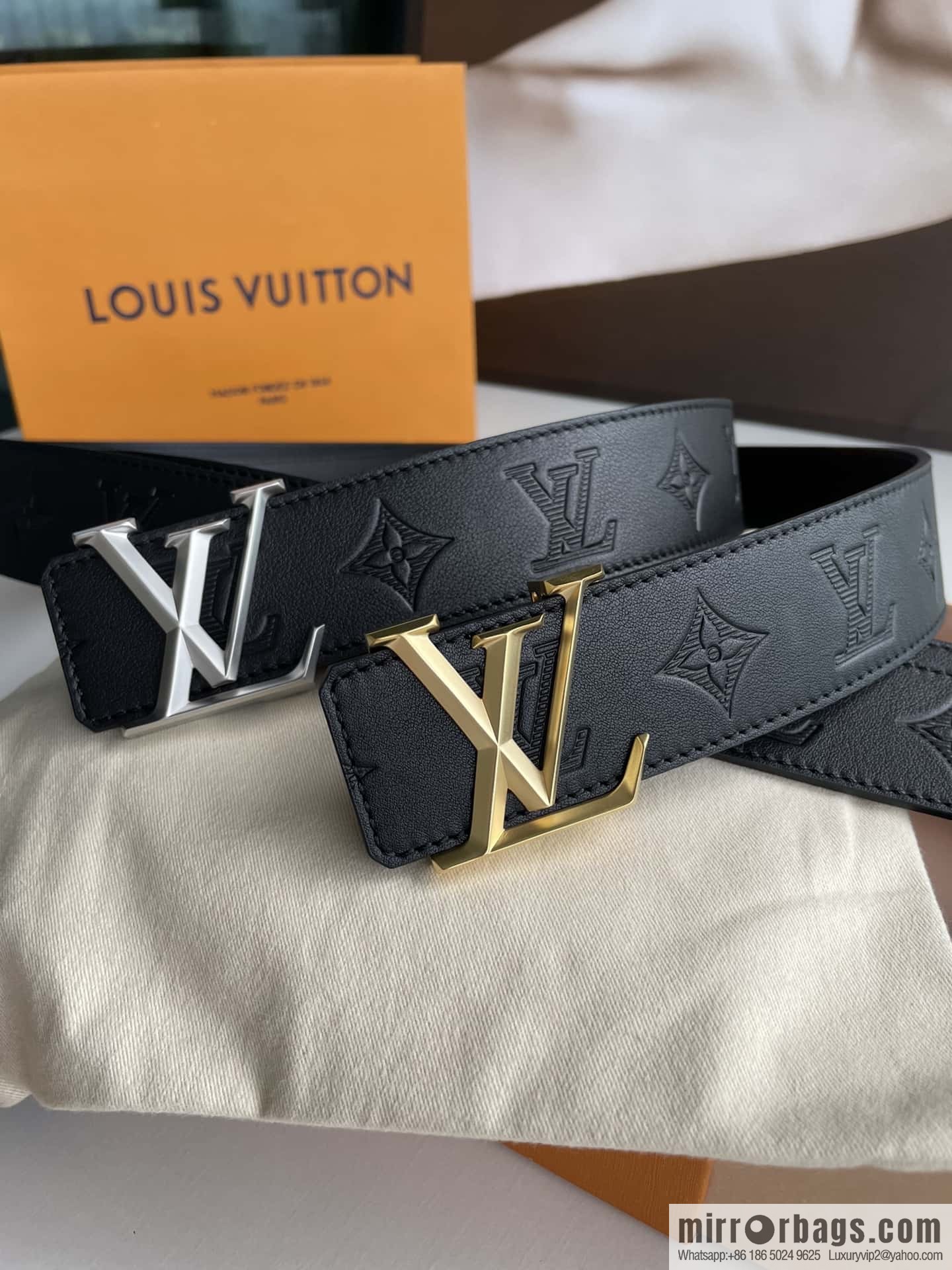 LV/Louis Vuitton, letter rhombus metal buckle black cowhide embossed belt 40mm