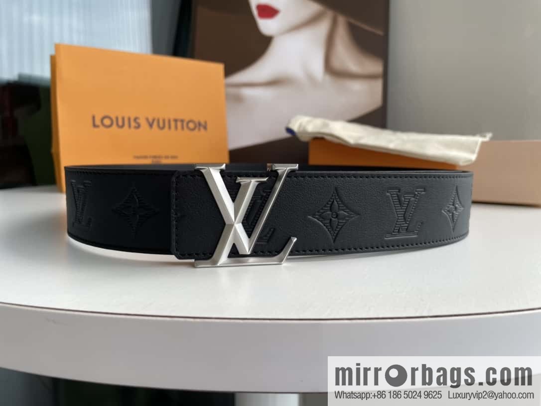 LV/Louis Vuitton, letter rhombus metal buckle black cowhide embossed belt 40mm