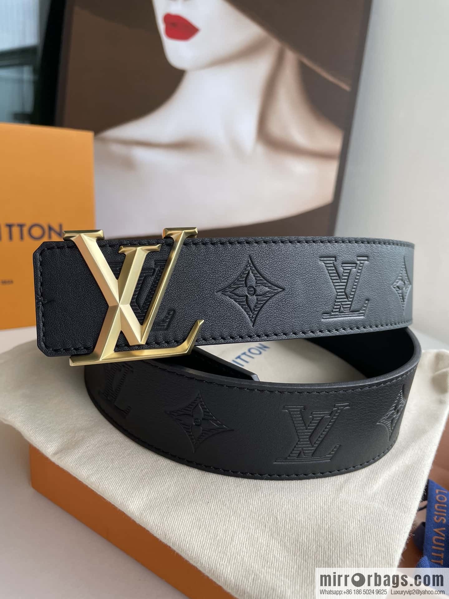 LV/Louis Vuitton, letter rhombus metal buckle black cowhide embossed belt 40mm