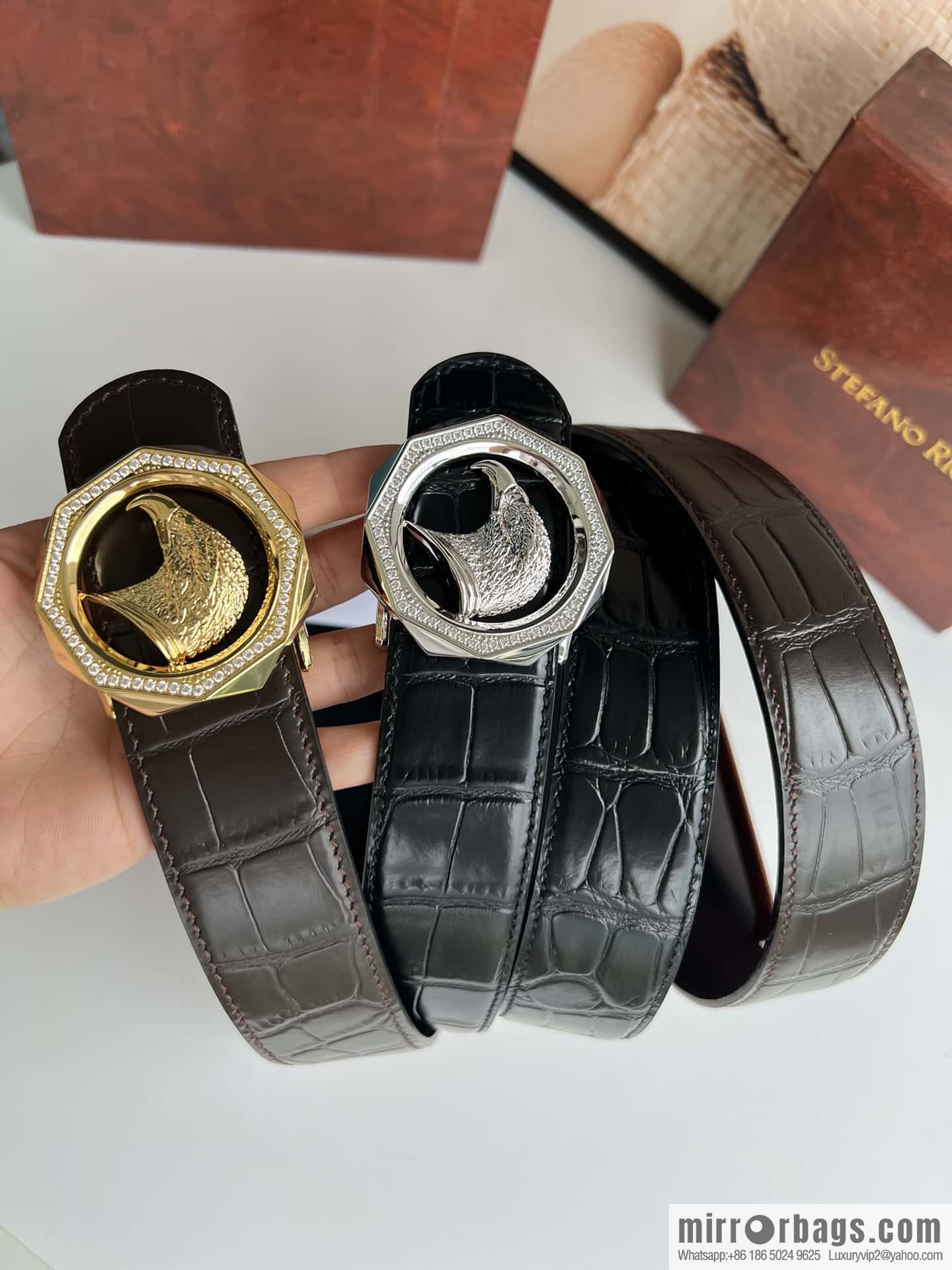Stefano Ricci Stephen, Eagle Head with Diamond Buckle, Crocodile Leather Belt 3.8cm