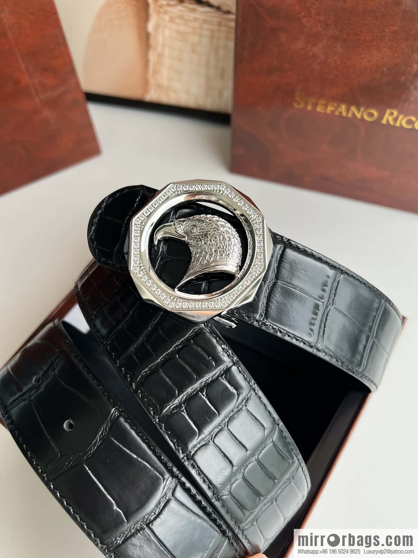 Stefano Ricci Stephen, Eagle Head with Diamond Buckle, Crocodile Leather Belt 3.8cm