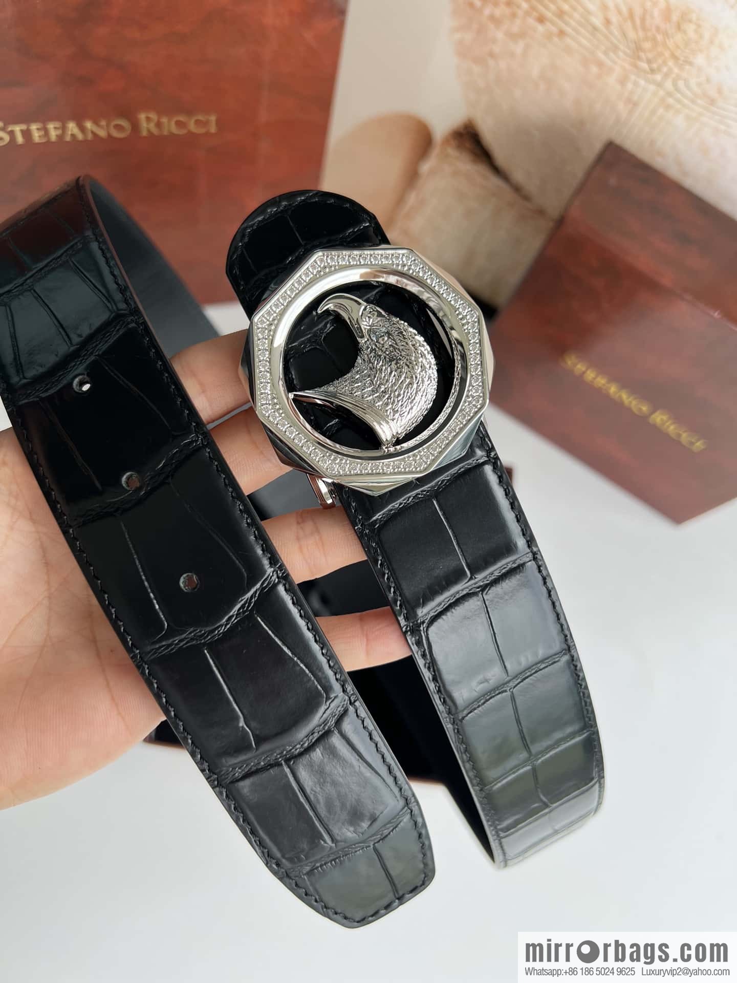 Stefano Ricci Stephen, Eagle Head with Diamond Buckle, Crocodile Leather Belt 3.8cm