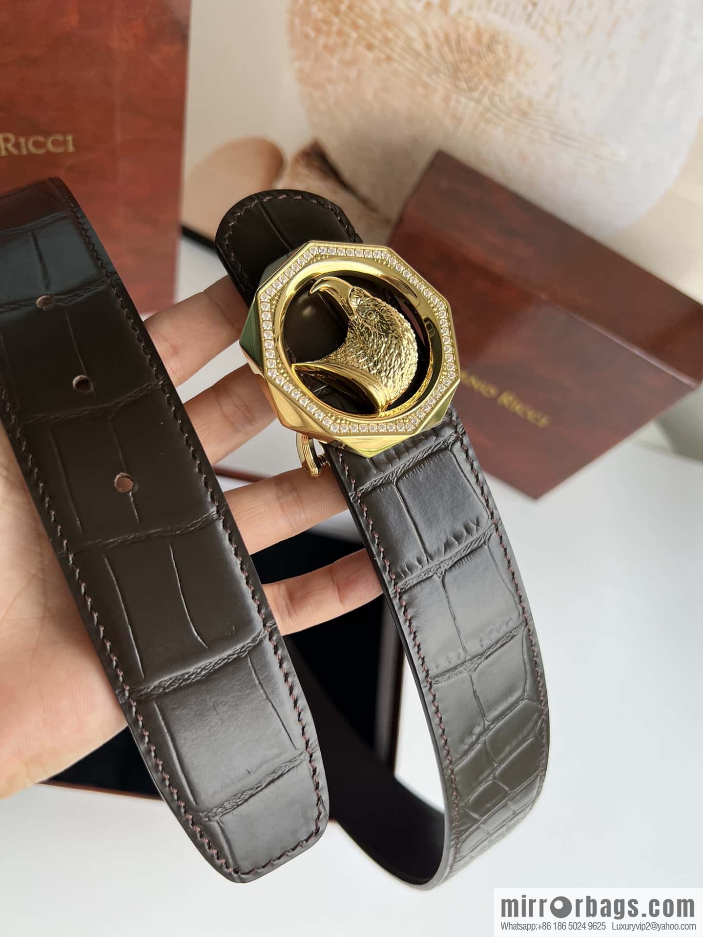 Stefano Ricci Stephen, Eagle Head with Diamond Buckle, Crocodile Leather Belt 3.8cm
