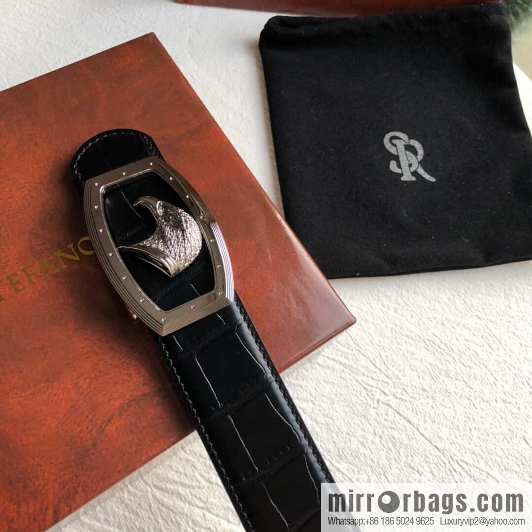 Stefano Ricci Stephen, Stainless Steel Eagle Head Buckle 3.8cm Top Cowhide Fine Imitation Crocodile Leather Belt