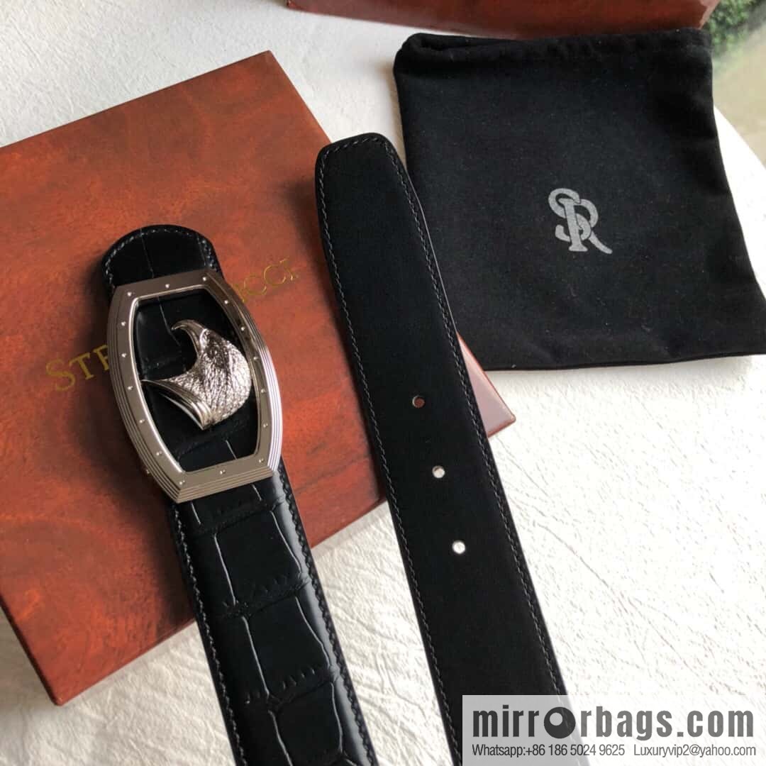 Stefano Ricci Stephen, Stainless Steel Eagle Head Buckle 3.8cm Top Cowhide Fine Imitation Crocodile Leather Belt
