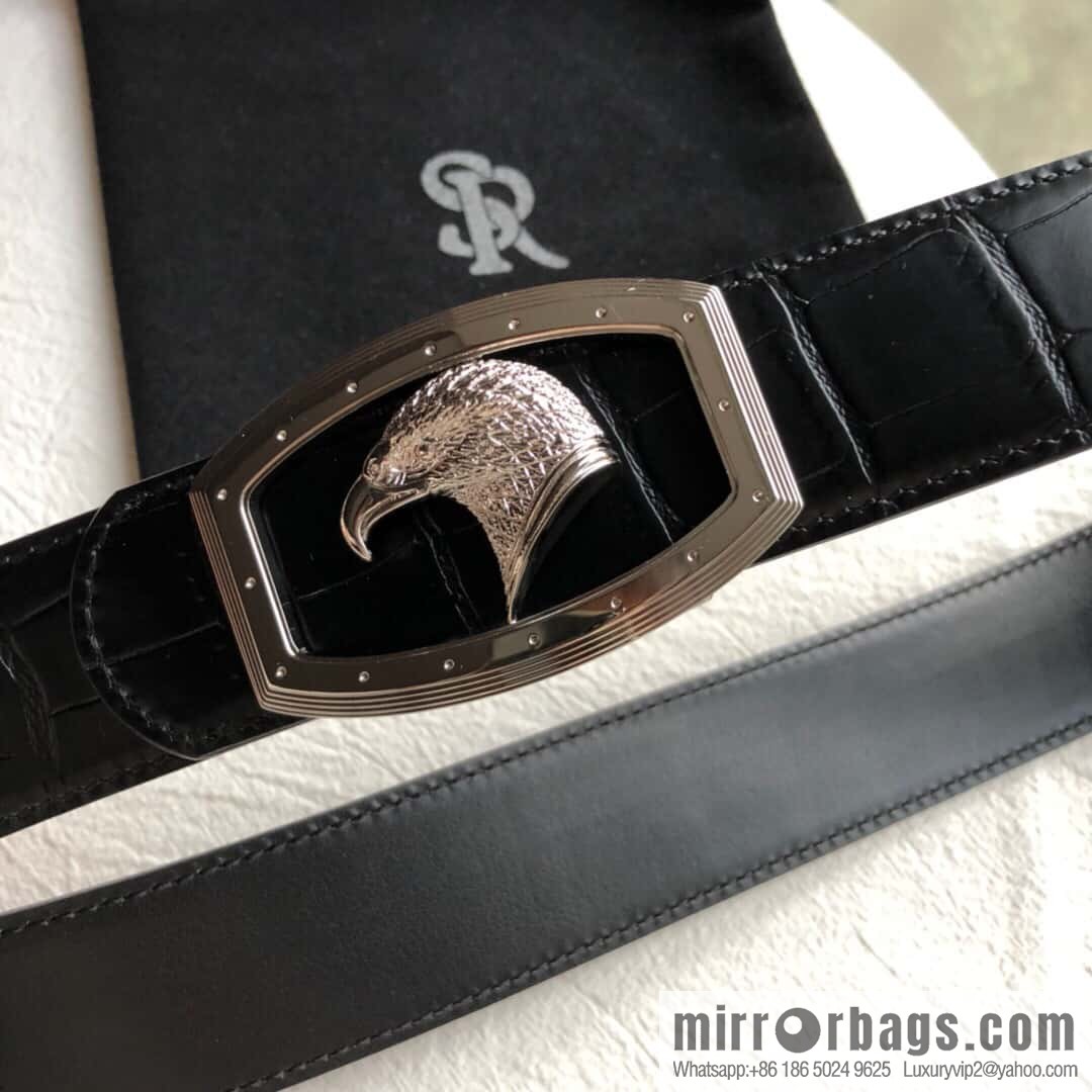 Stefano Ricci Stephen, Stainless Steel Eagle Head Buckle 3.8cm Top Cowhide Fine Imitation Crocodile Leather Belt