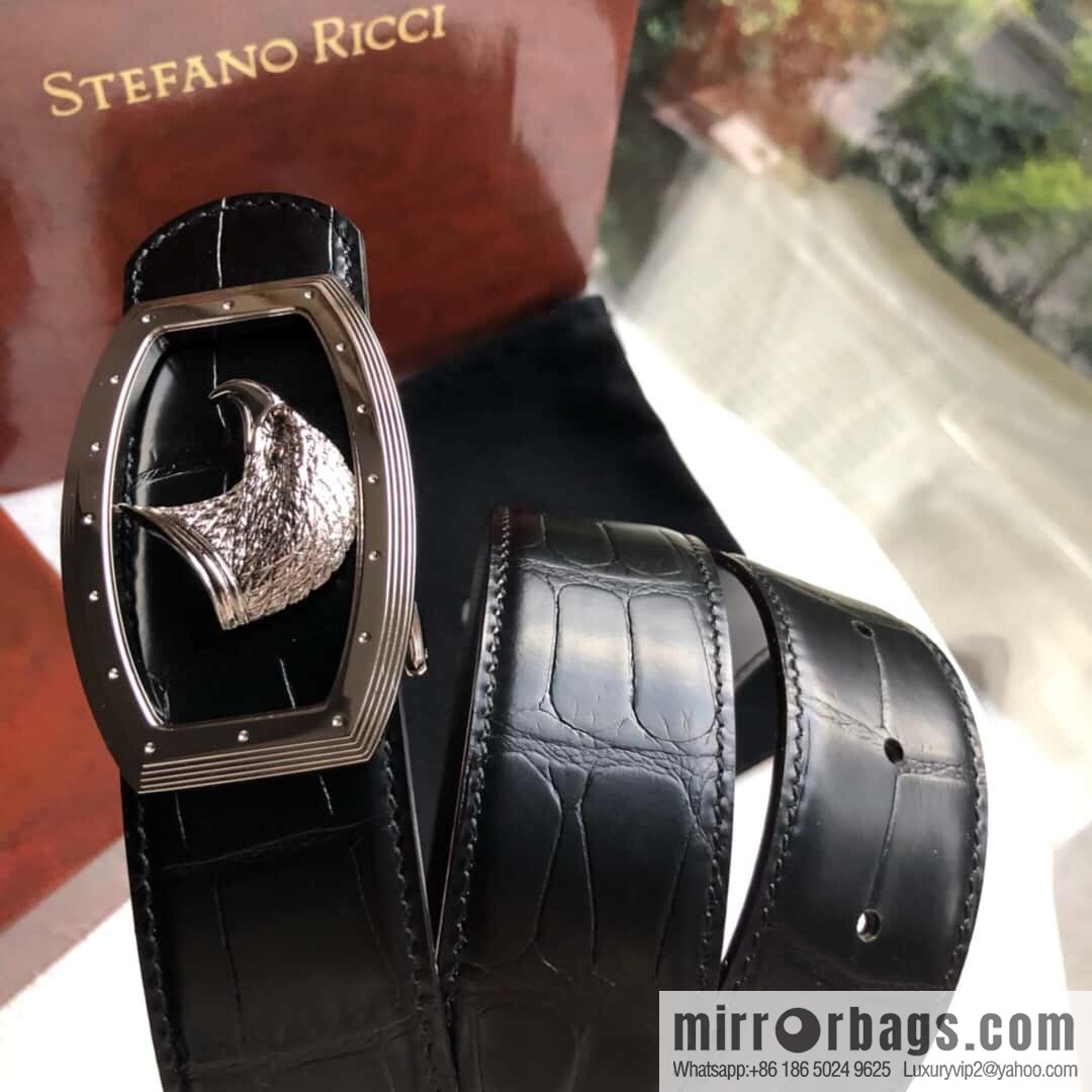 Stefano Ricci Stephen, Stainless Steel Eagle Head Buckle 3.8cm Top Cowhide Fine Imitation Crocodile Leather Belt