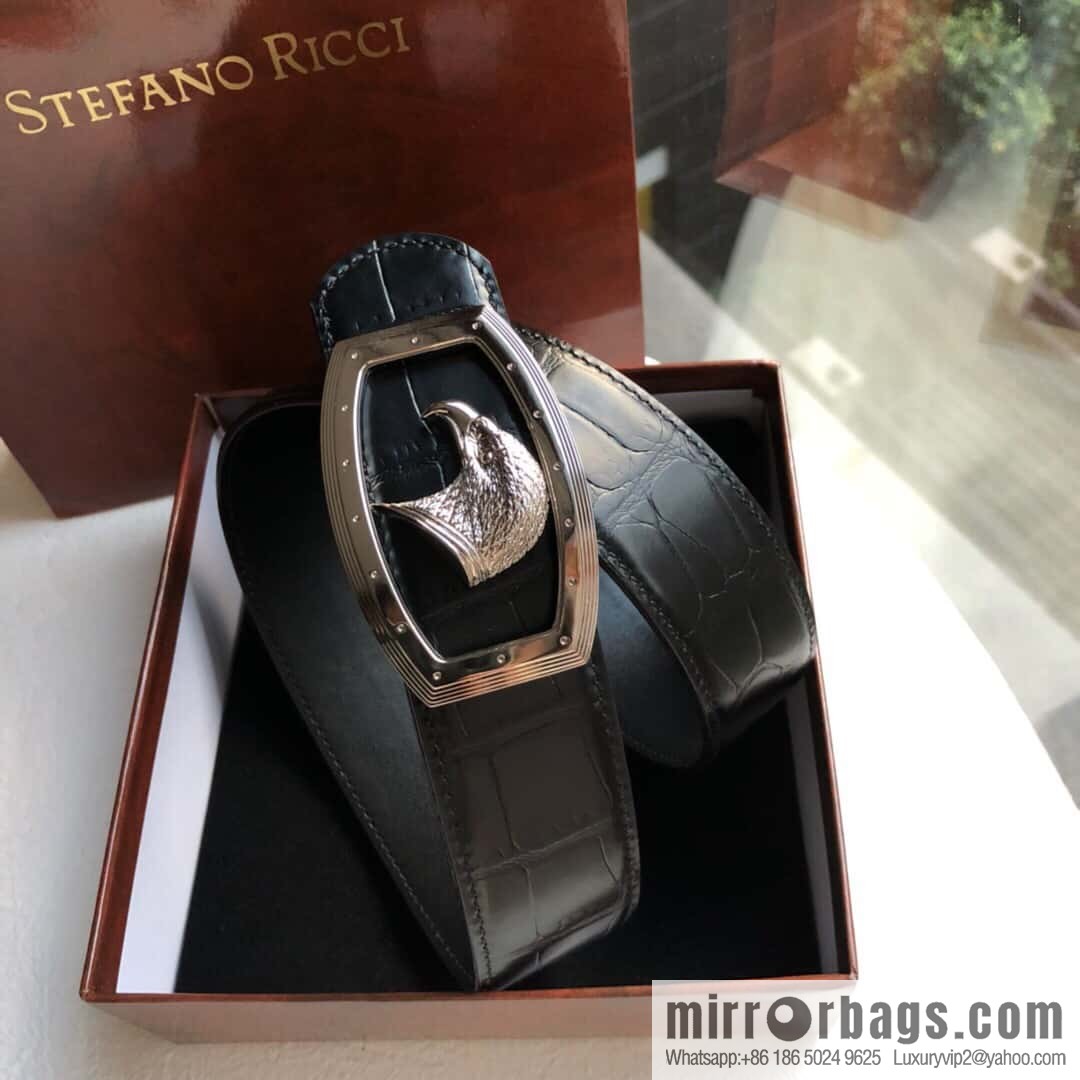 Stefano Ricci Stephen, Stainless Steel Eagle Head Buckle 3.8cm Top Cowhide Fine Imitation Crocodile Leather Belt