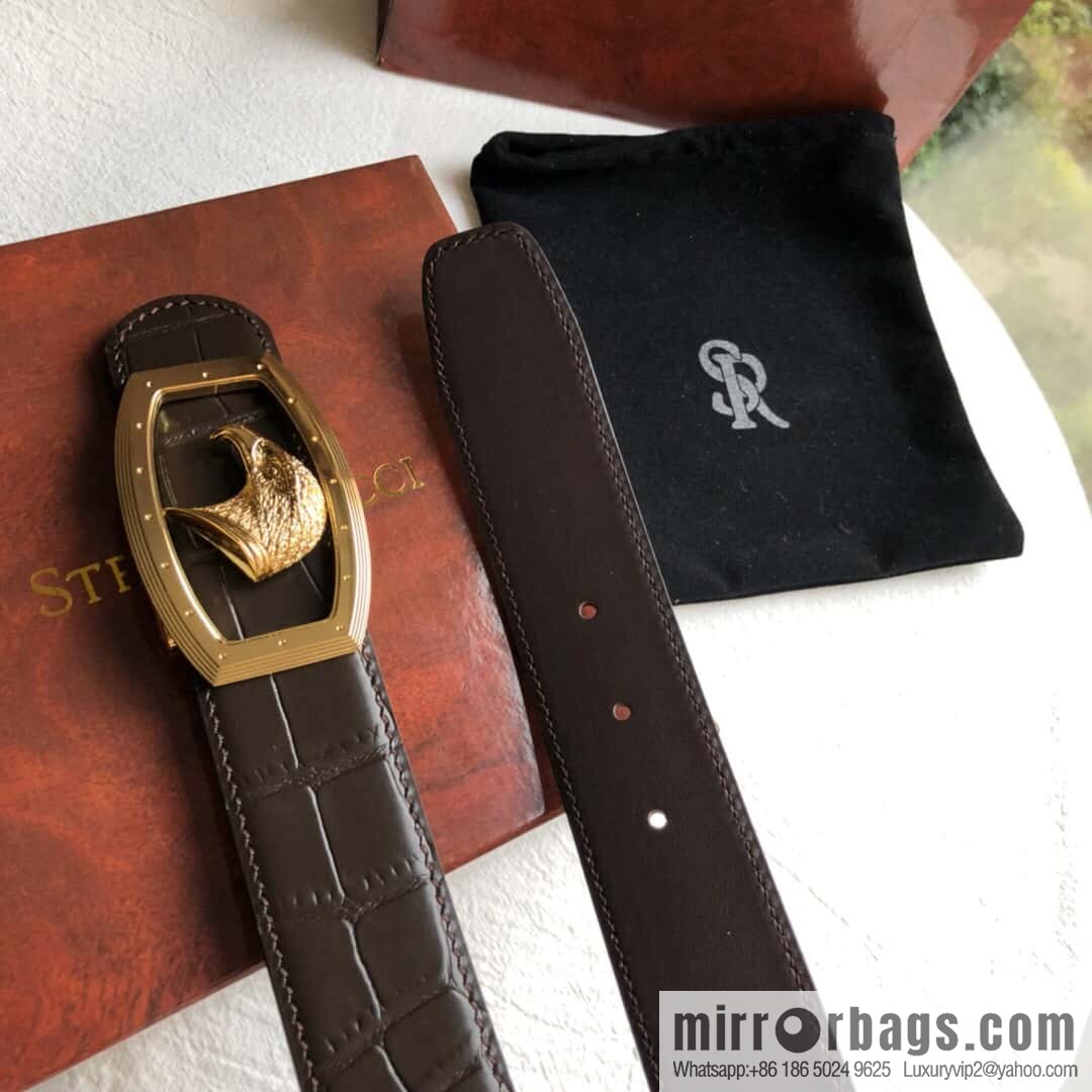 Stefano Ricci Stephen, Stainless Steel Eagle Head Buckle 3.8cm Top Cowhide Fine Imitation Crocodile Leather Belt