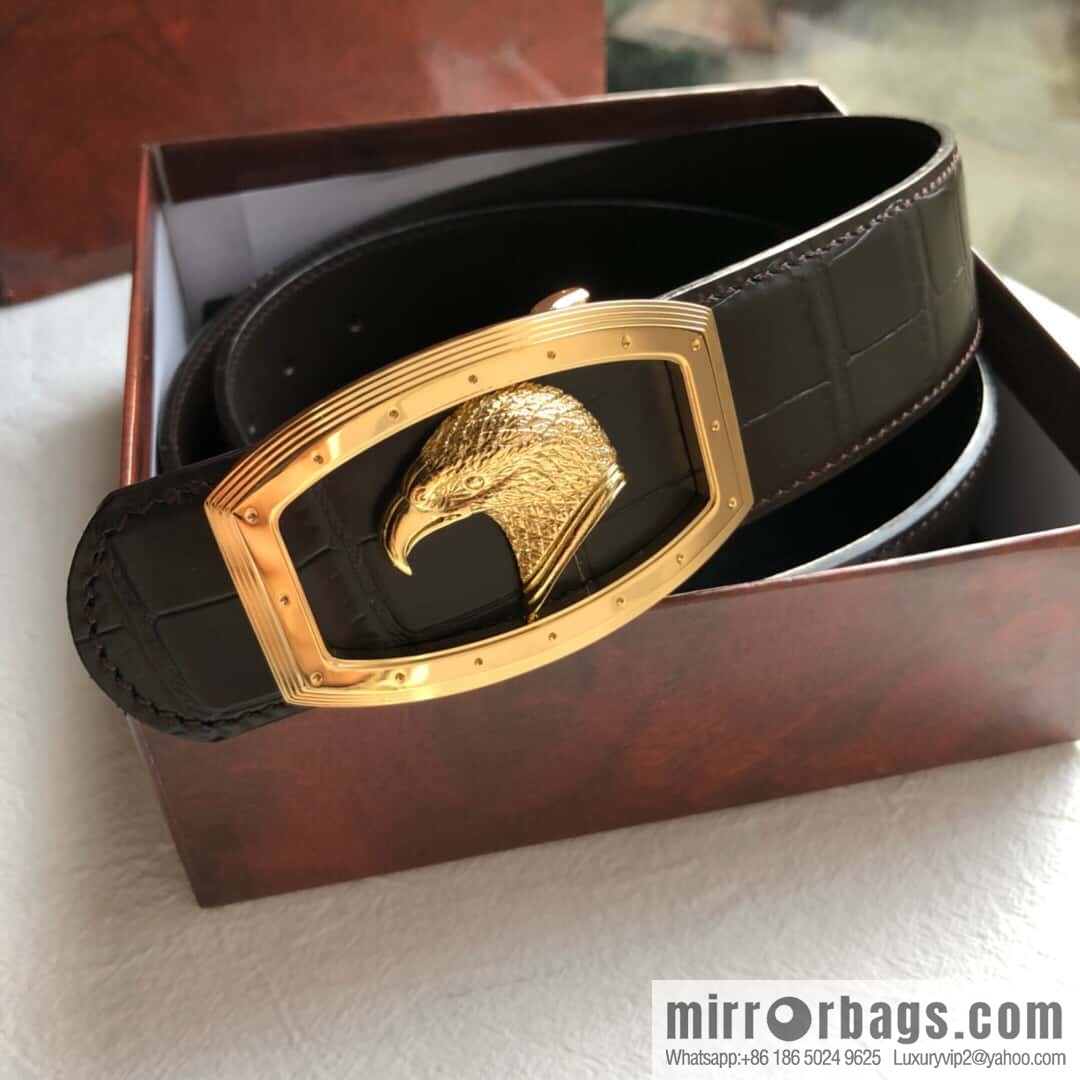 Stefano Ricci Stephen, Stainless Steel Eagle Head Buckle 3.8cm Top Cowhide Fine Imitation Crocodile Leather Belt