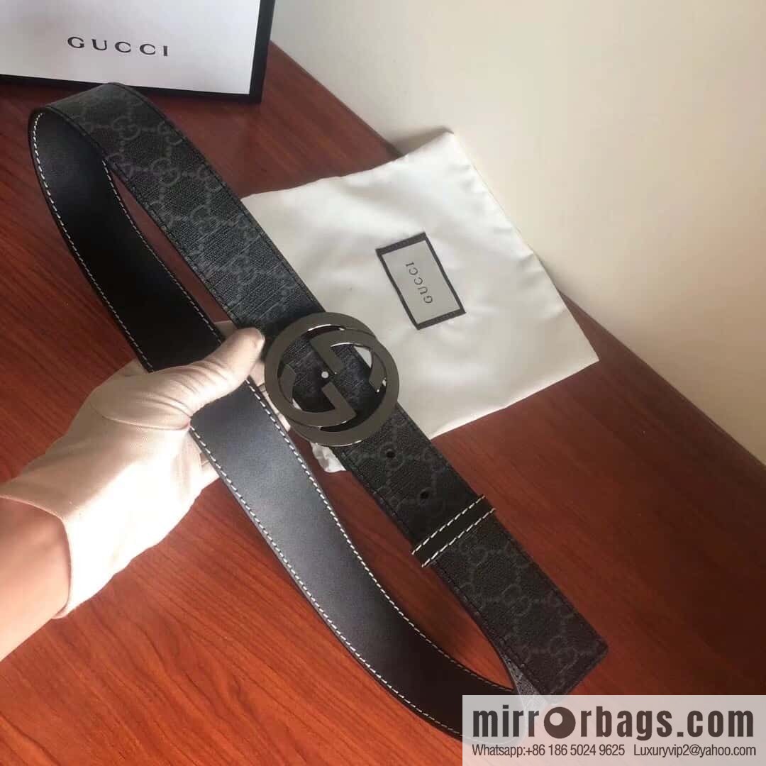 GUCCI Men's Ebony PVC with Leather Metal Plate Buckle Belt 3.8cm