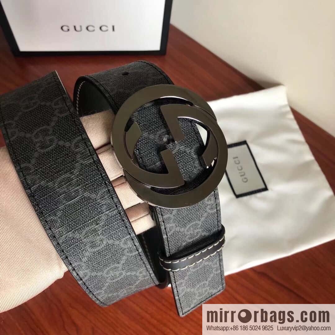 GUCCI Men's Ebony PVC with Leather Metal Plate Buckle Belt 3.8cm