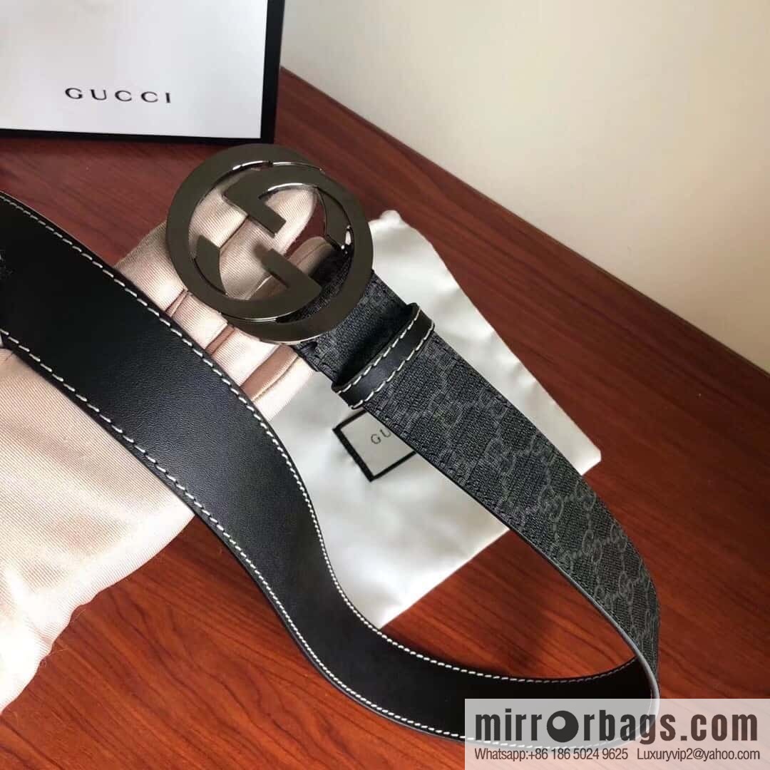 GUCCI Men's Ebony PVC with Leather Metal Plate Buckle Belt 3.8cm