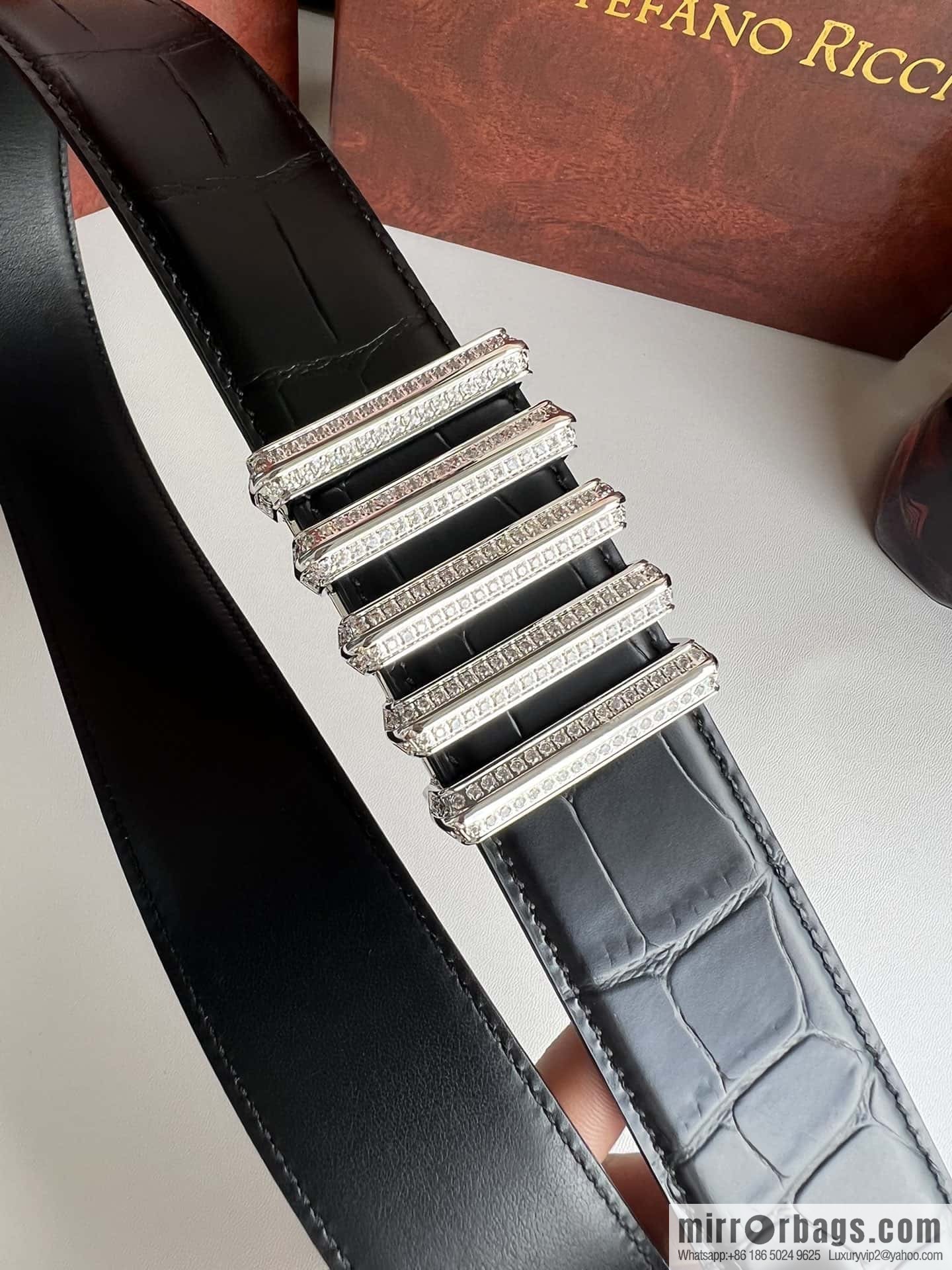 Stefano Ricci Stephen, Stainless Steel Hollow Inner Wear Diamond Craft Button Head 3.8cm Alligator Belt