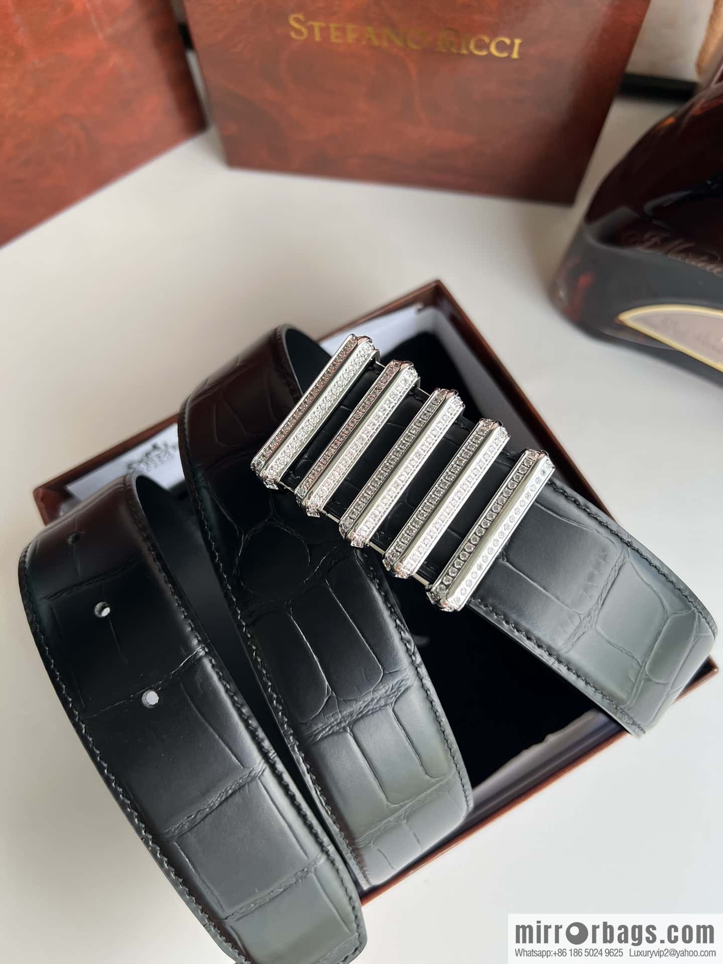 Stefano Ricci Stephen, Stainless Steel Hollow Inner Wear Diamond Craft Button Head 3.8cm Alligator Belt