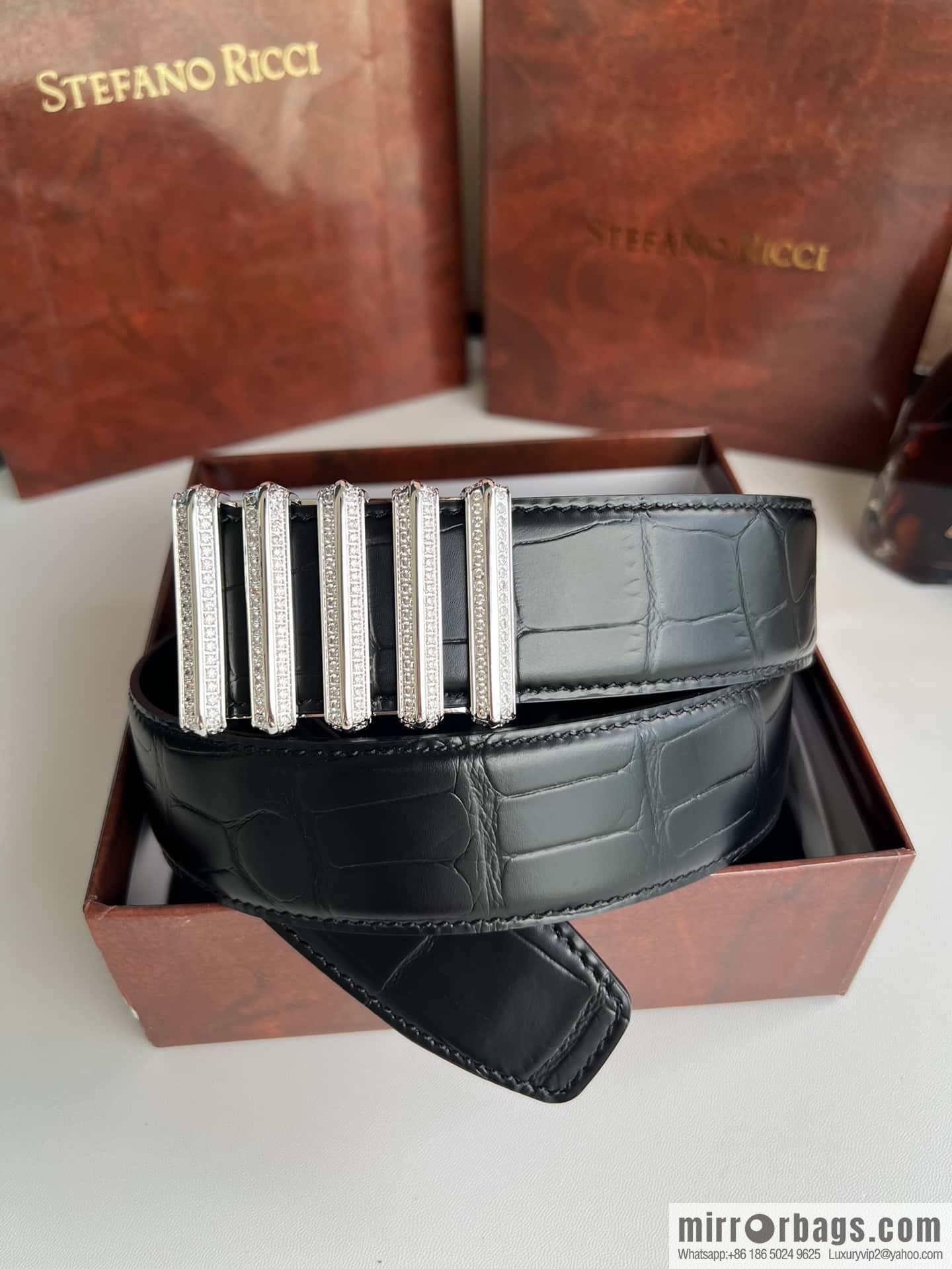 Stefano Ricci Stephen, Stainless Steel Hollow Inner Wear Diamond Craft Button Head 3.8cm Alligator Belt