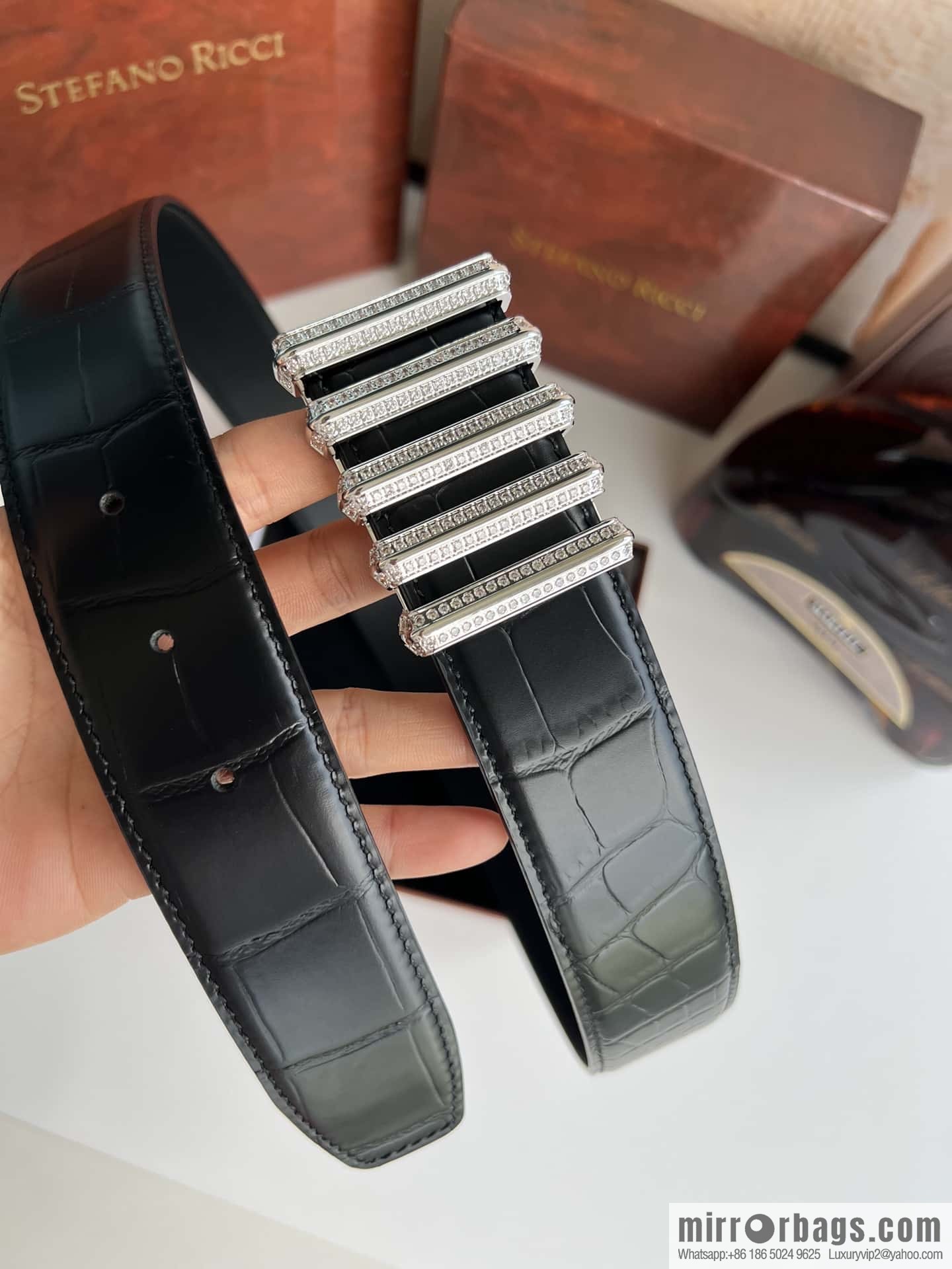 Stefano Ricci Stephen, Stainless Steel Hollow Inner Wear Diamond Craft Button Head 3.8cm Alligator Belt