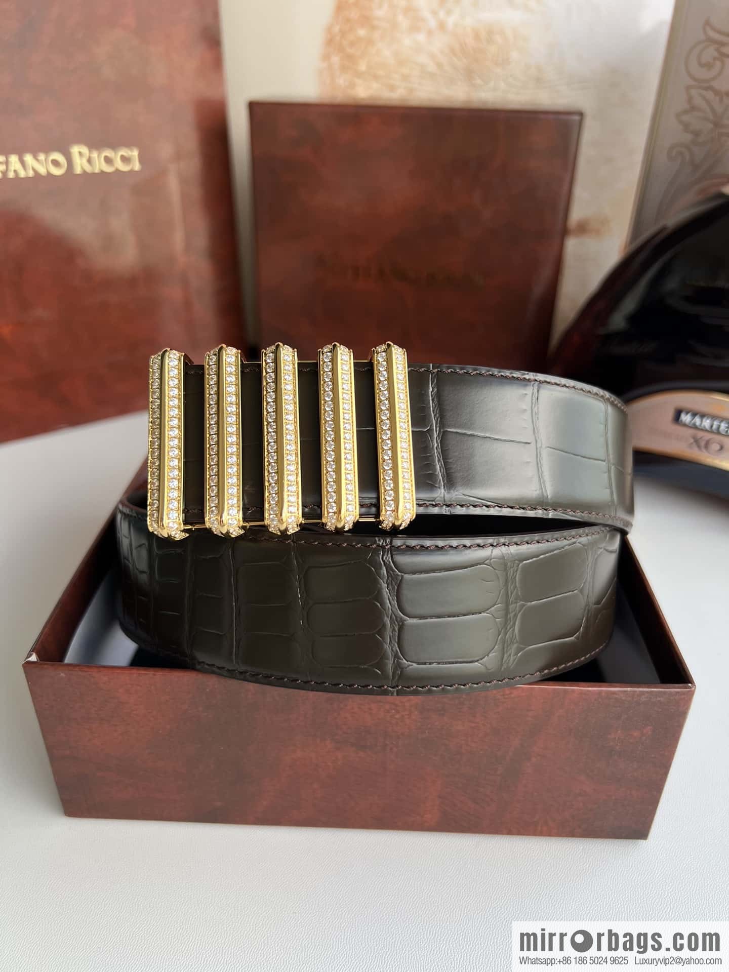 Stefano Ricci Stephen, Stainless Steel Hollow Inner Wear Diamond Craft Button Head 3.8cm Alligator Belt