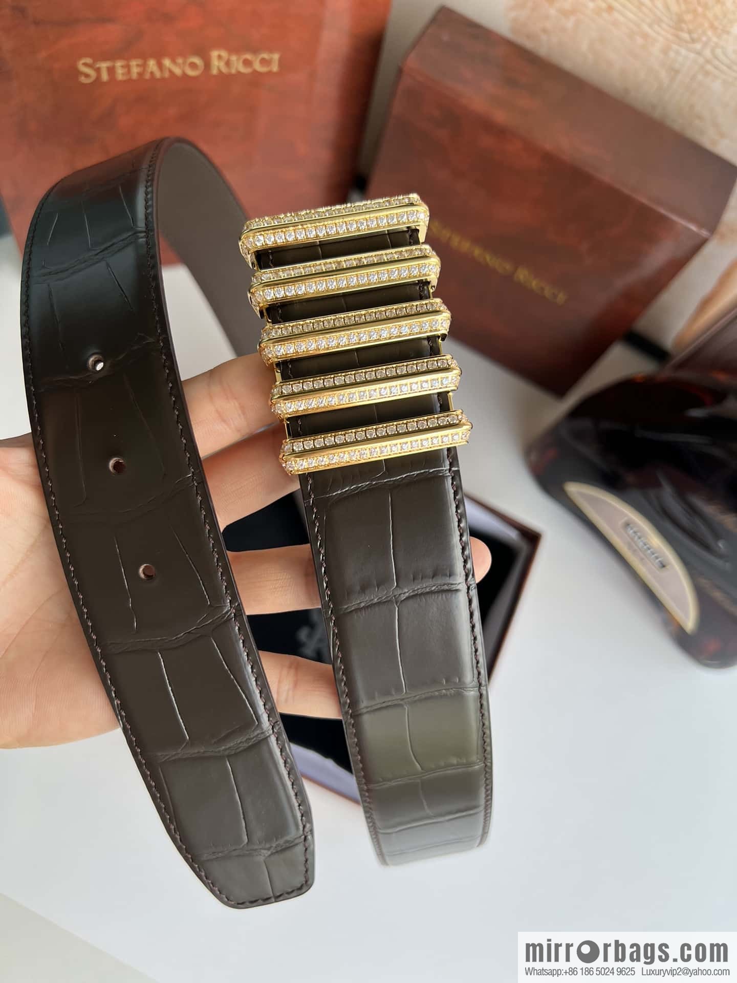 Stefano Ricci Stephen, Stainless Steel Hollow Inner Wear Diamond Craft Button Head 3.8cm Alligator Belt