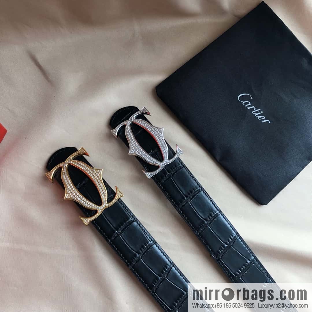 Cartier 3.5cm Stainless Steel Double C Inlaid Diamond Buckle, Crocodile Belt
