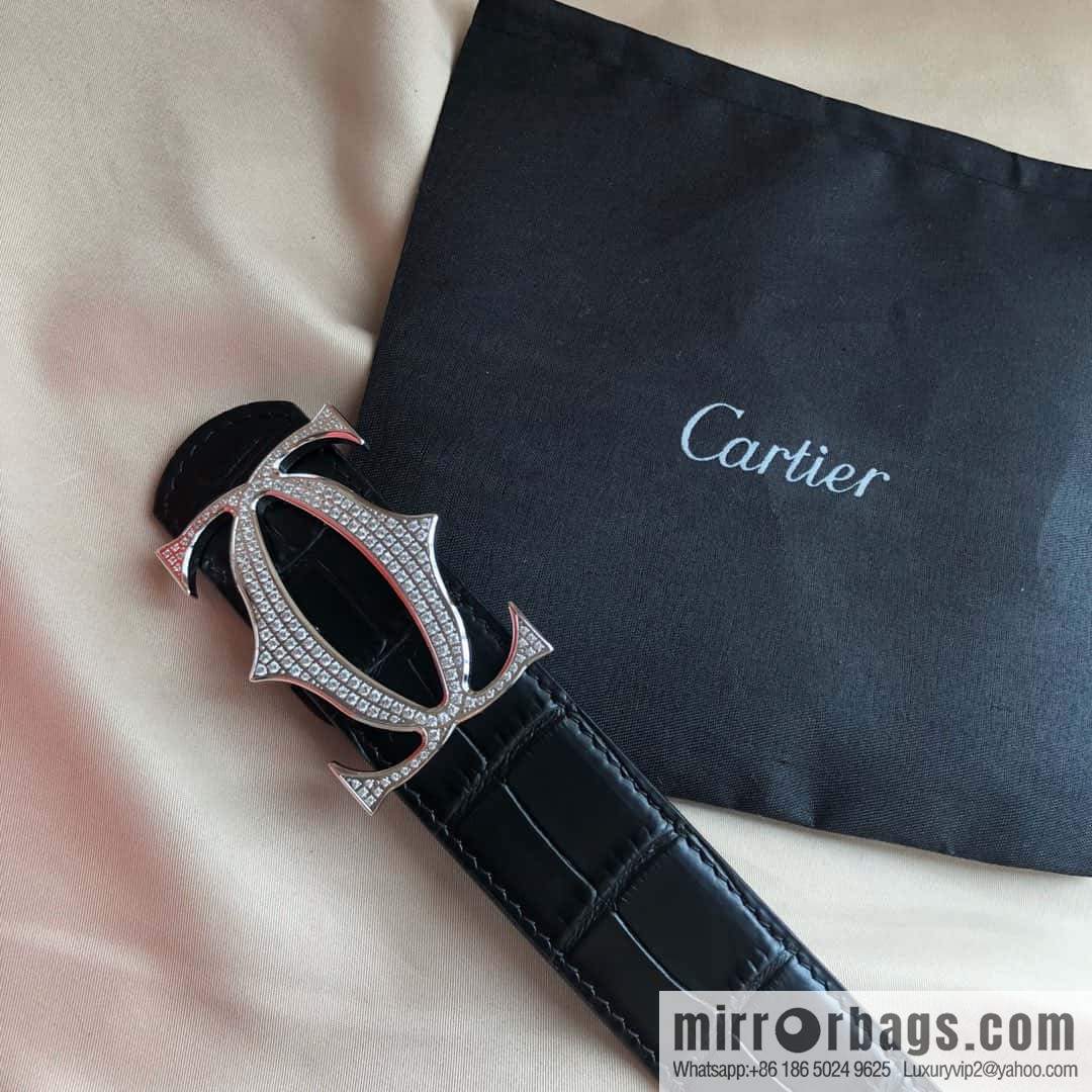 Cartier 3.5cm Stainless Steel Double C Inlaid Diamond Buckle, Crocodile Belt