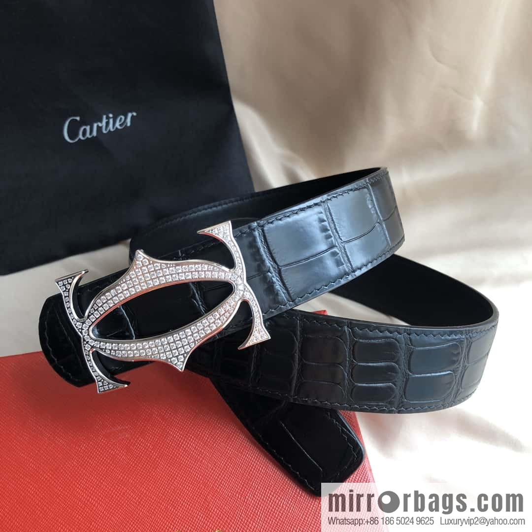 Cartier 3.5cm Stainless Steel Double C Inlaid Diamond Buckle, Crocodile Belt