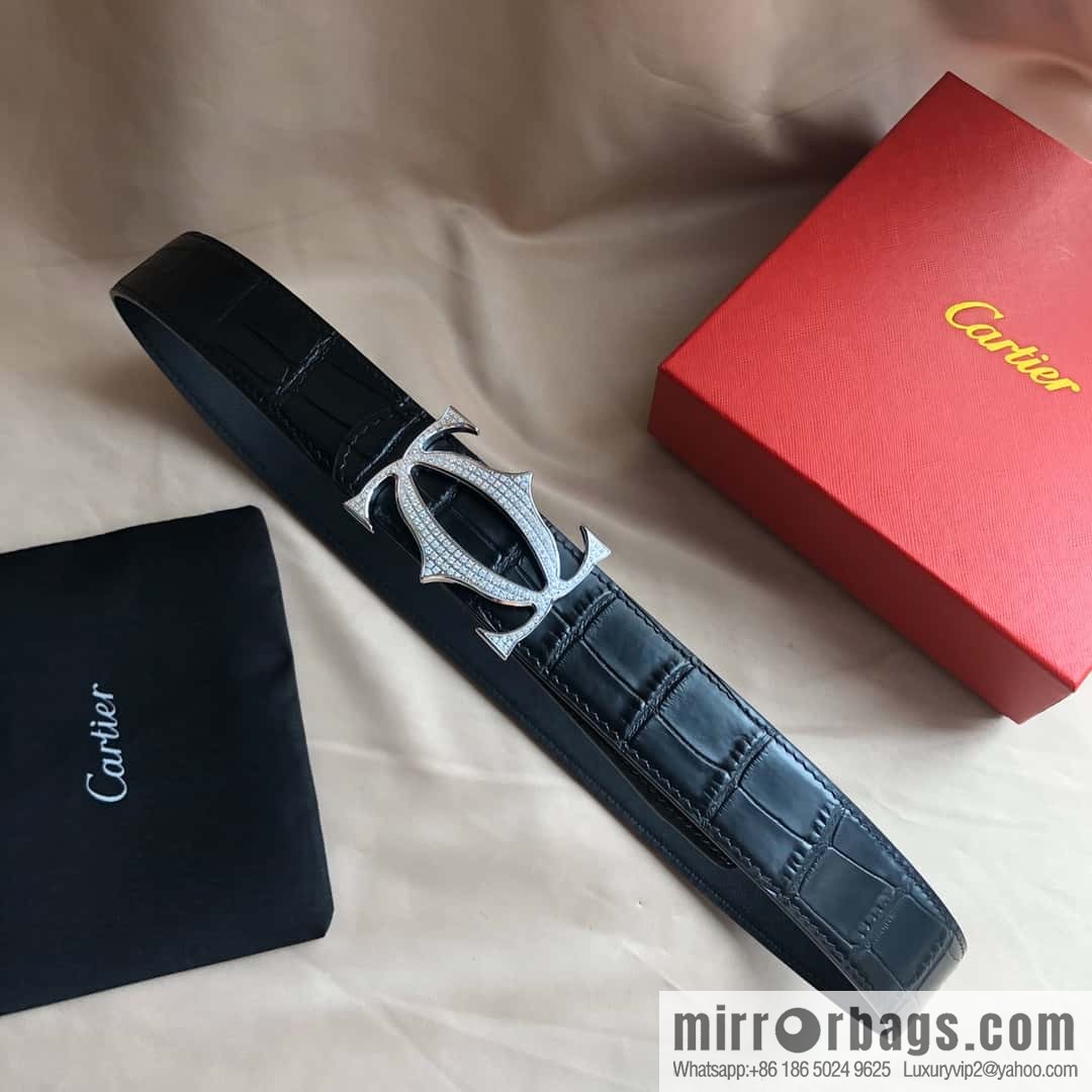 Cartier 3.5cm Stainless Steel Double C Inlaid Diamond Buckle, Crocodile Belt