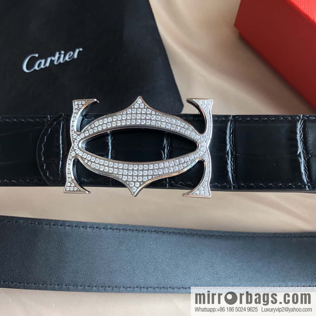 Cartier 3.5cm Stainless Steel Double C Inlaid Diamond Buckle, Crocodile Belt