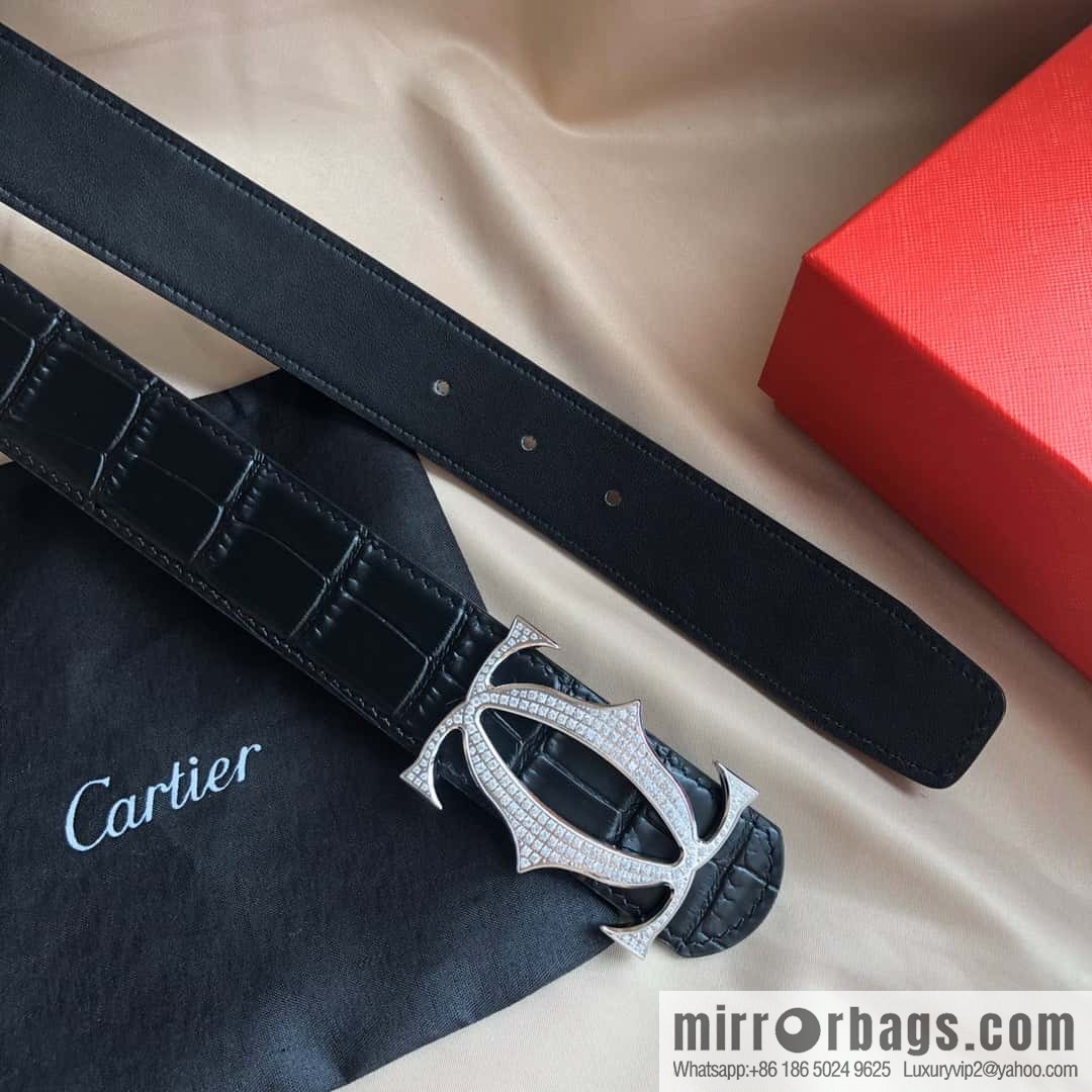 Cartier 3.5cm Stainless Steel Double C Inlaid Diamond Buckle, Crocodile Belt
