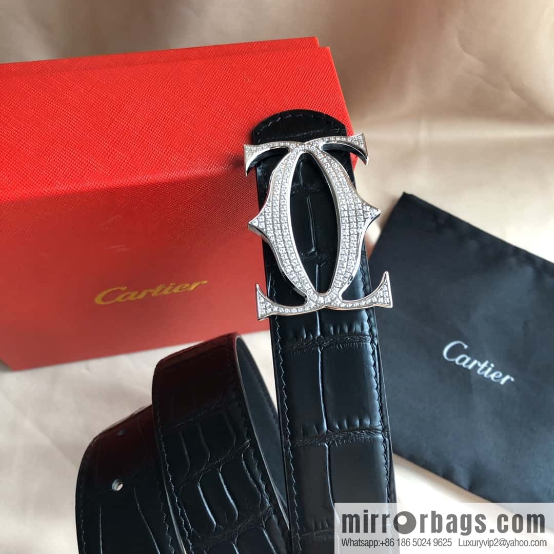 Cartier 3.5cm Stainless Steel Double C Inlaid Diamond Buckle, Crocodile Belt