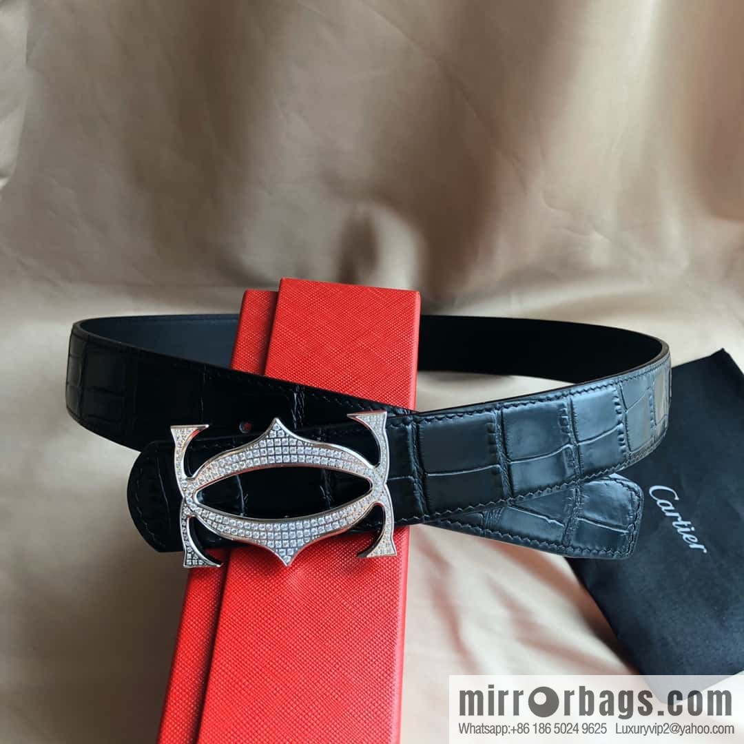 Cartier 3.5cm Stainless Steel Double C Inlaid Diamond Buckle, Crocodile Belt