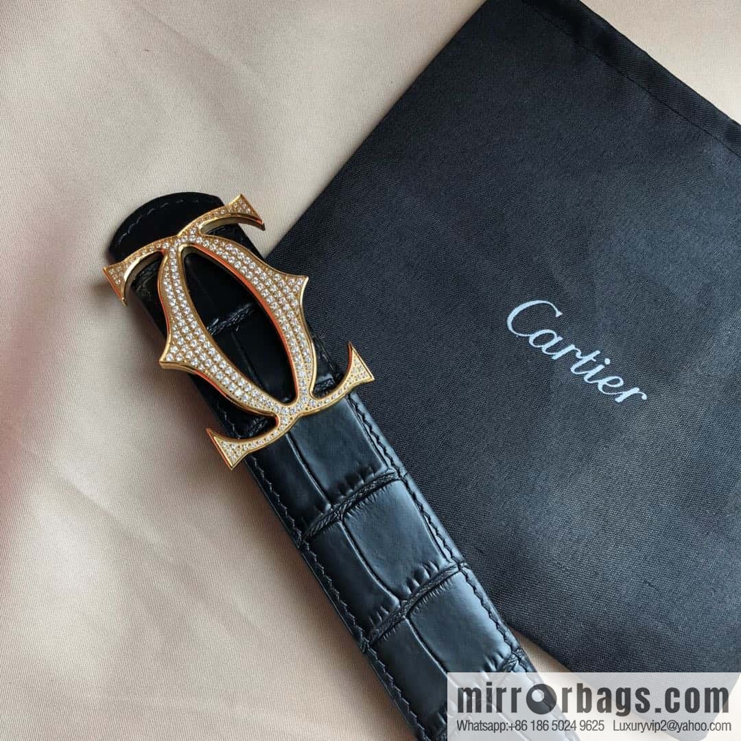 Cartier 3.5cm Stainless Steel Double C Inlaid Diamond Buckle, Crocodile Belt