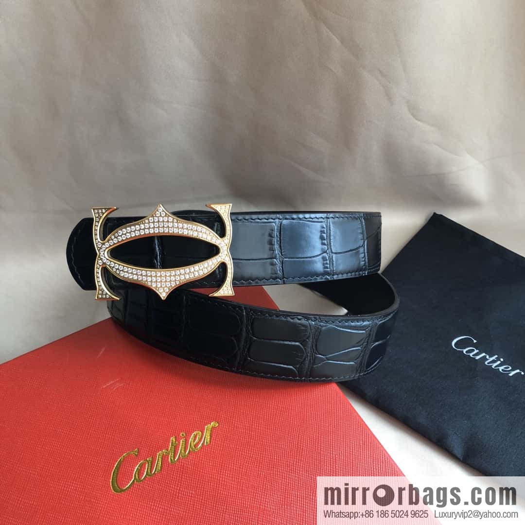 Cartier 3.5cm Stainless Steel Double C Inlaid Diamond Buckle, Crocodile Belt