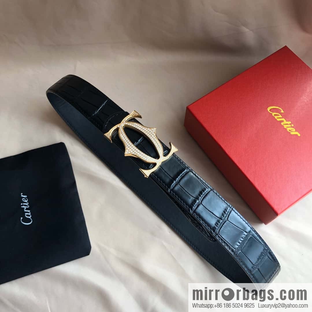 Cartier 3.5cm Stainless Steel Double C Inlaid Diamond Buckle, Crocodile Belt