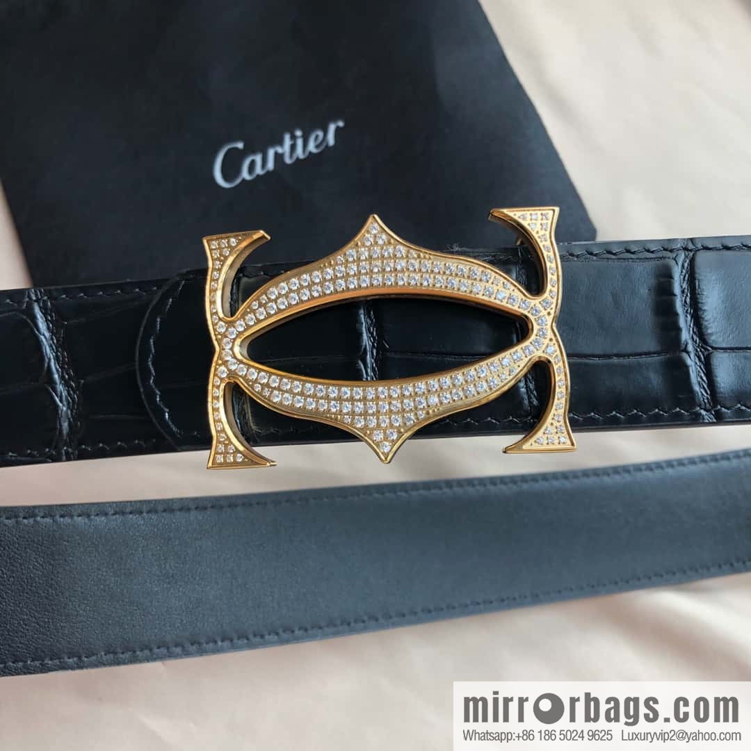 Cartier 3.5cm Stainless Steel Double C Inlaid Diamond Buckle, Crocodile Belt