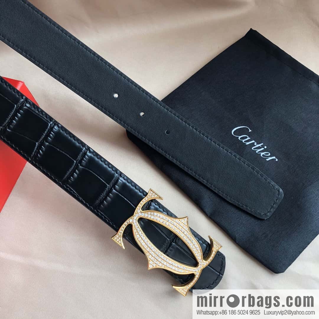 Cartier 3.5cm Stainless Steel Double C Inlaid Diamond Buckle, Crocodile Belt