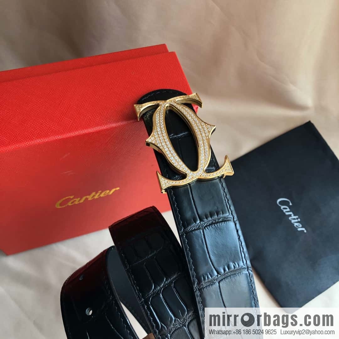 Cartier 3.5cm Stainless Steel Double C Inlaid Diamond Buckle, Crocodile Belt